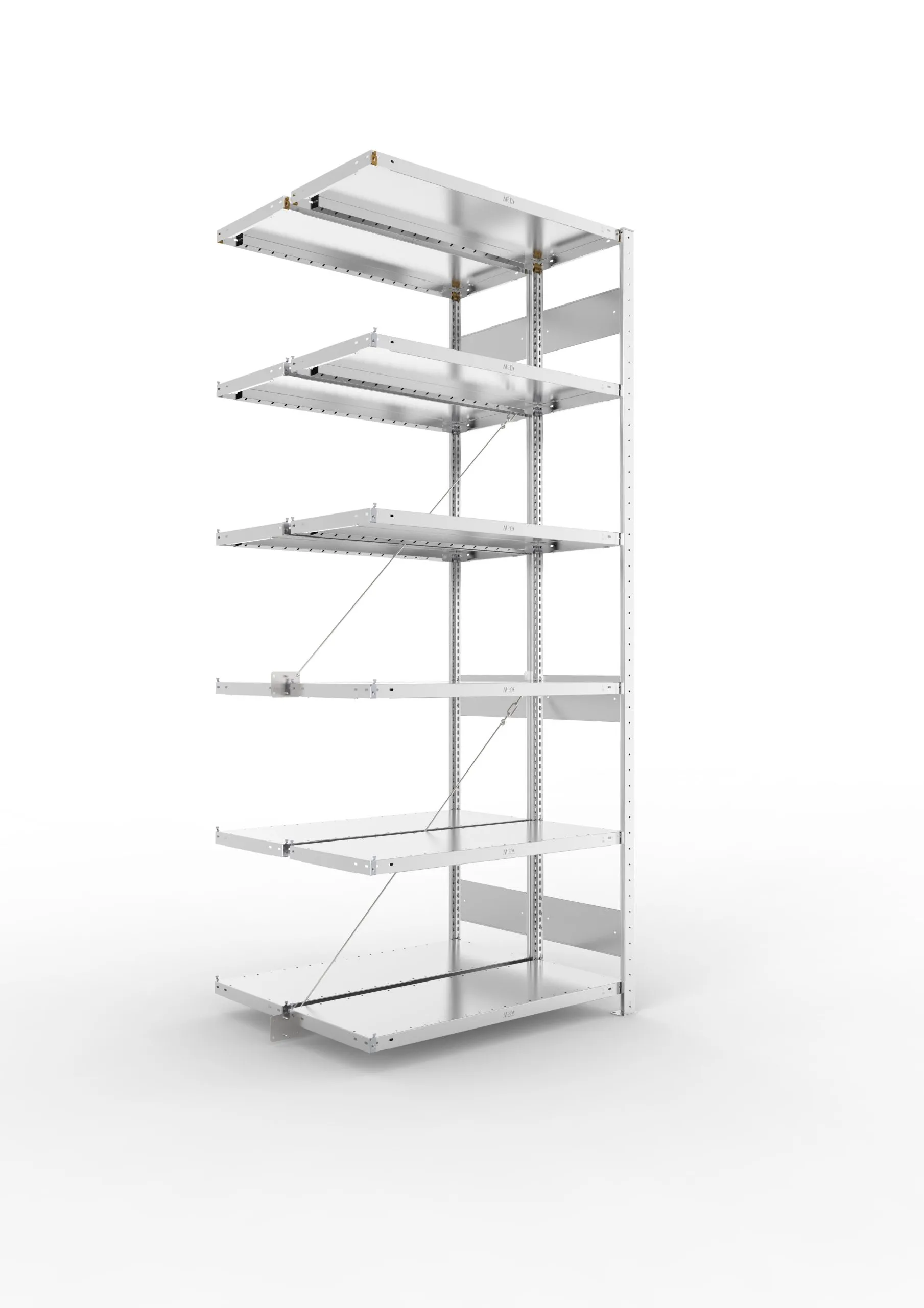 Meta Fachbodenregal Stecksystem S3 CLIP | Anbauregal | HxBxT 250x100x80cm | 6 Ebenen | Fachlast 100kg | Doppelseitige Bauart mit Diagonalverstrebung | Verzinkt