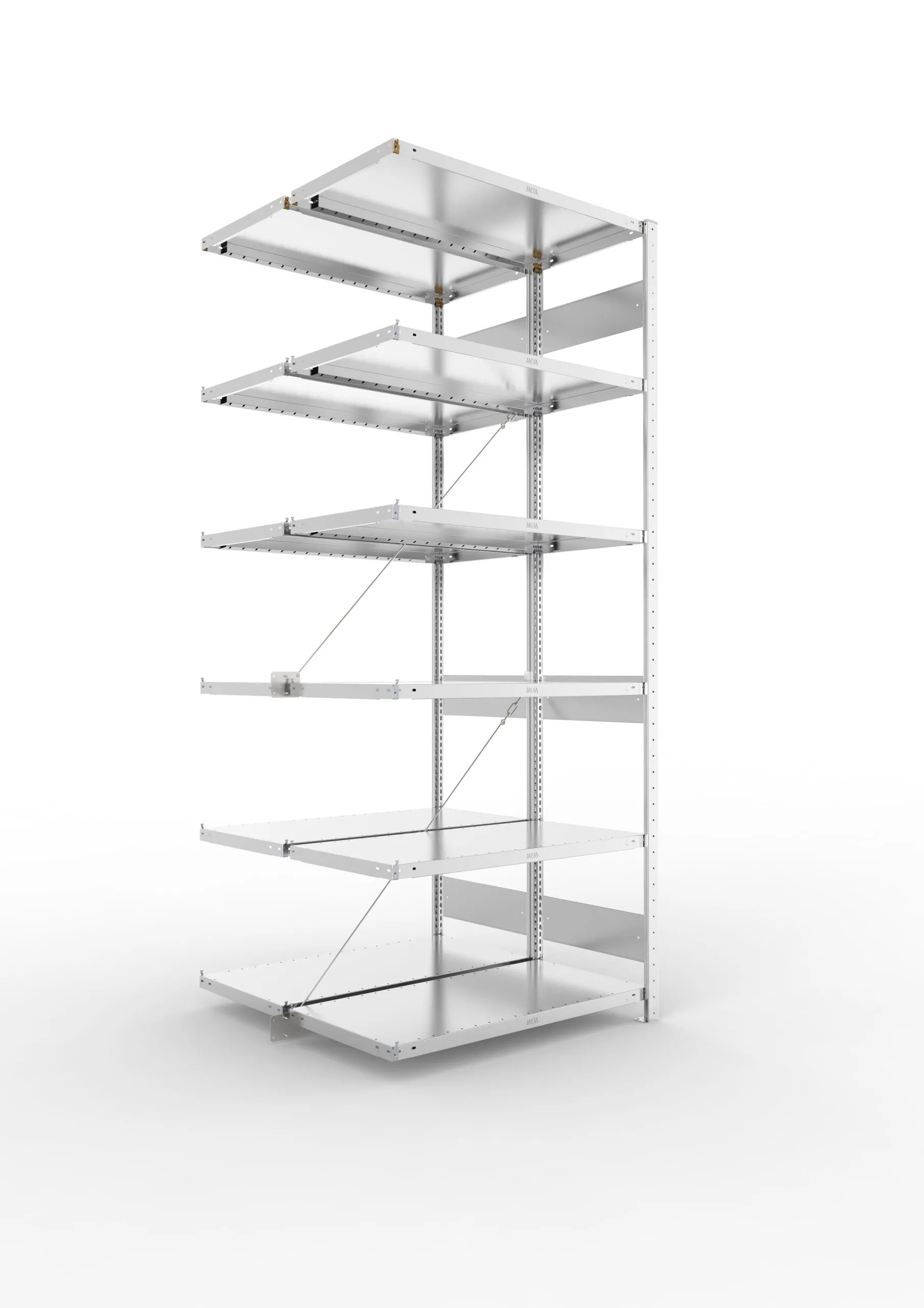 Meta Fachbodenregal Stecksystem S3 CLIP | Anbauregal | HxBxT 250x100x100cm | 6 Ebenen | Fachlast 100kg | Doppelseitige Bauart mit Diagonalverstrebung | Verzinkt
