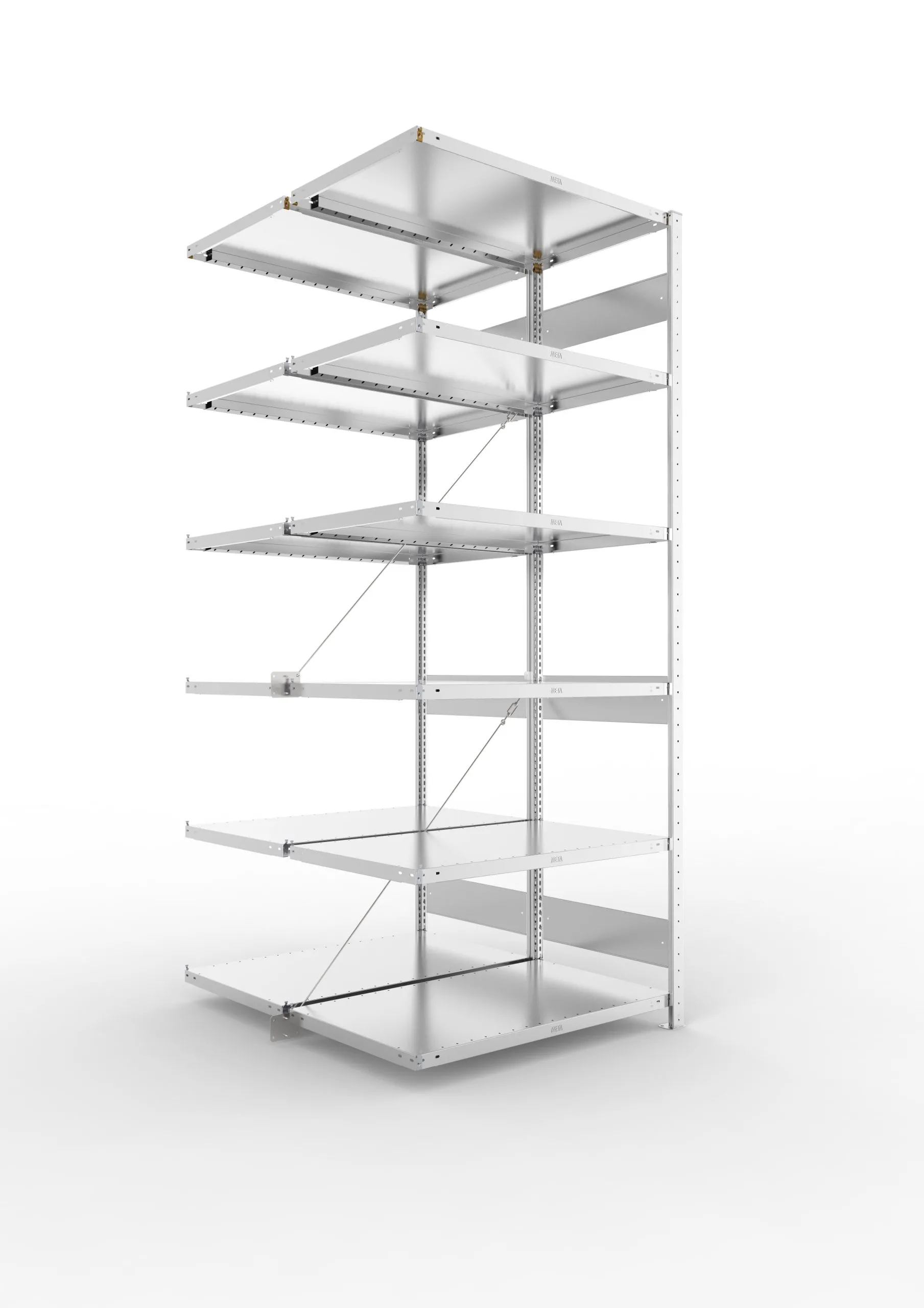 Meta Fachbodenregal Stecksystem S3 CLIP | Anbauregal | HxBxT 250x100x120cm | 6 Ebenen | Fachlast 100kg | Doppelseitige Bauart mit Diagonalverstrebung | Verzinkt