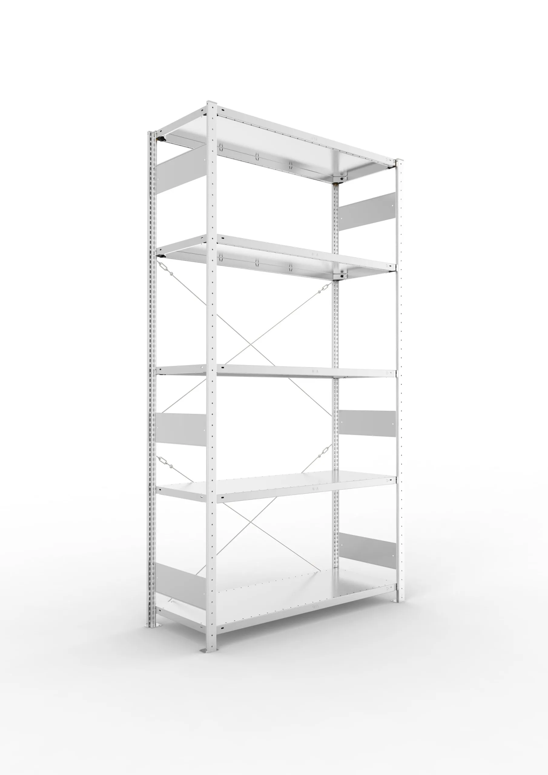 Meta Fachbodenregal Stecksystem S3 CLIP | Grundregal | HxBxT 200x100x60cm | 5 Ebenen | Fachlast 100kg | Doppelseitige Bauart mit Diagonalverstrebung | Lichtgrau