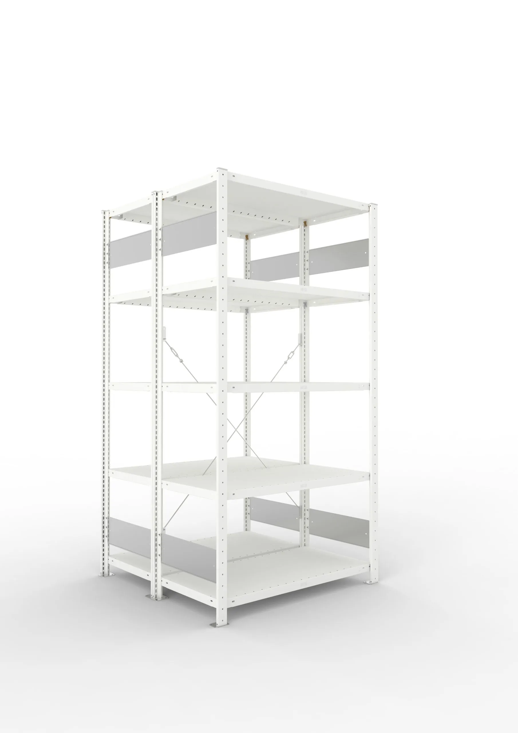 Meta Fachbodenregal Stecksystem S3 CLIP | Grundregal | HxBxT 200x100x100cm | 5 Ebenen | Fachlast 100kg | Doppelseitige Bauart mit Diagonalverstrebung | Lichtgrau