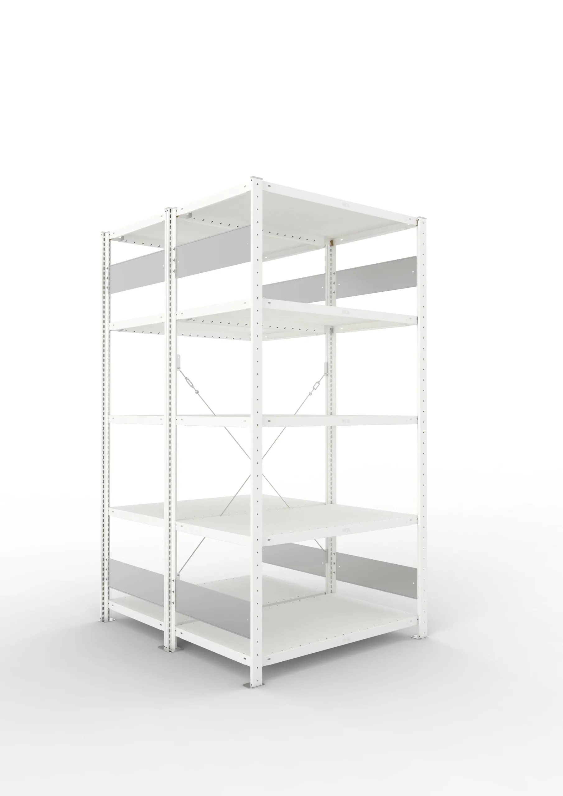 Meta Fachbodenregal Stecksystem S3 CLIP | Grundregal | HxBxT 200x100x120cm | 5 Ebenen | Fachlast 100kg | Doppelseitige Bauart mit Diagonalverstrebung | Lichtgrau