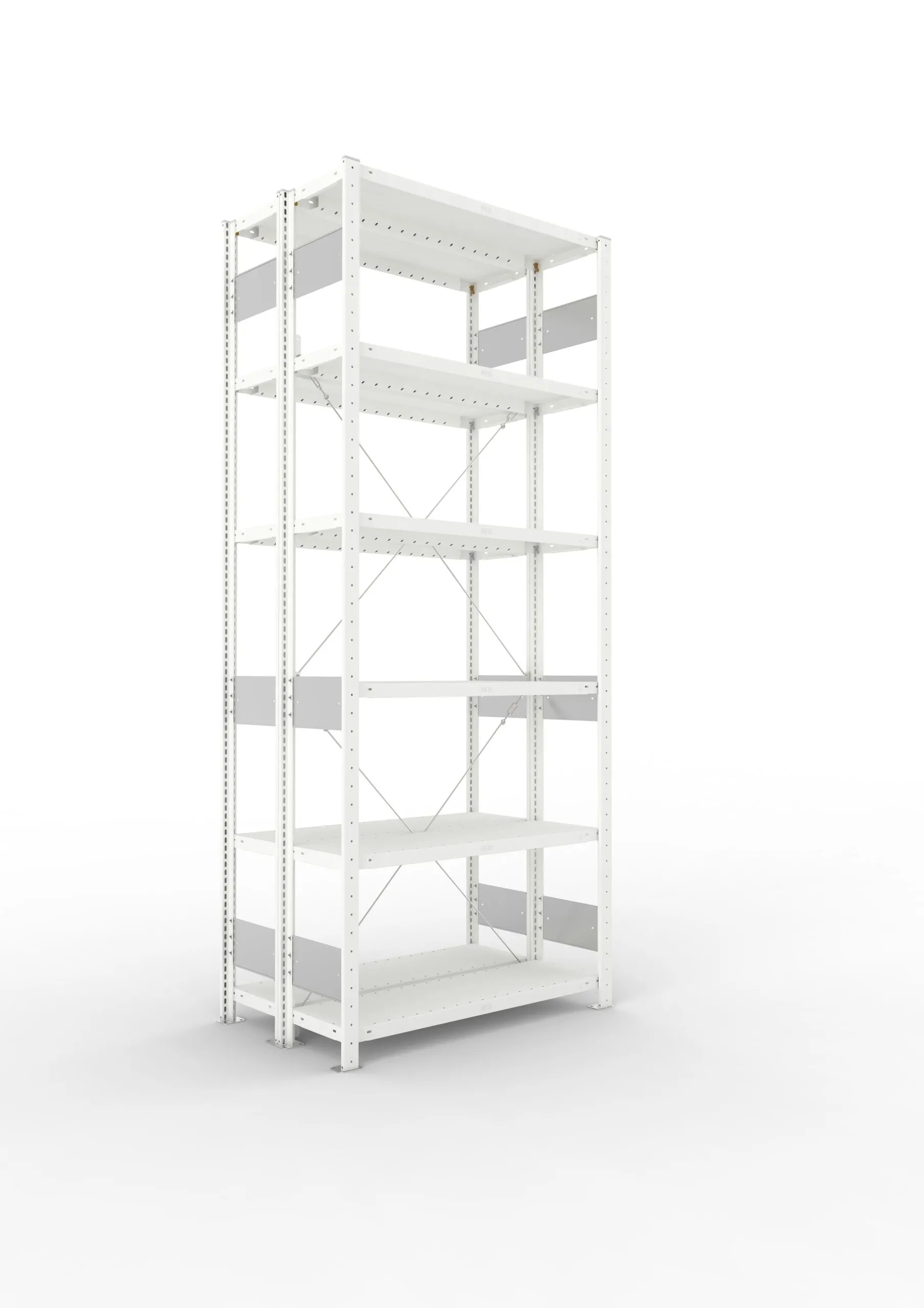 Meta Fachbodenregal Stecksystem S3 CLIP | Grundregal | HxBxT 250x100x60cm | 6 Ebenen | Fachlast 100kg | Doppelseitige Bauart mit Diagonalverstrebung | Lichtgrau