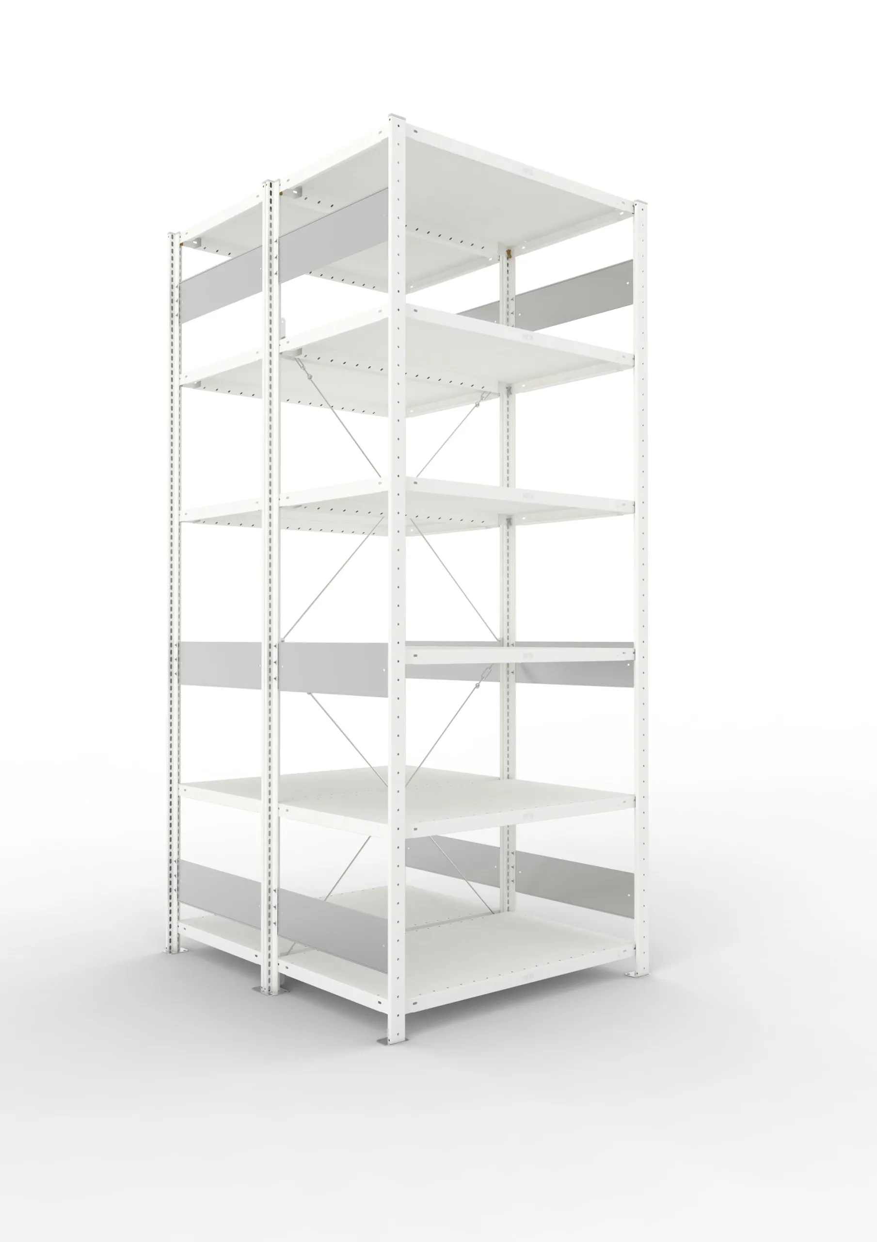 Meta Fachbodenregal Stecksystem S3 CLIP | Grundregal | HxBxT 250x100x120cm | 6 Ebenen | Fachlast 100kg | Doppelseitige Bauart mit Diagonalverstrebung | Lichtgrau