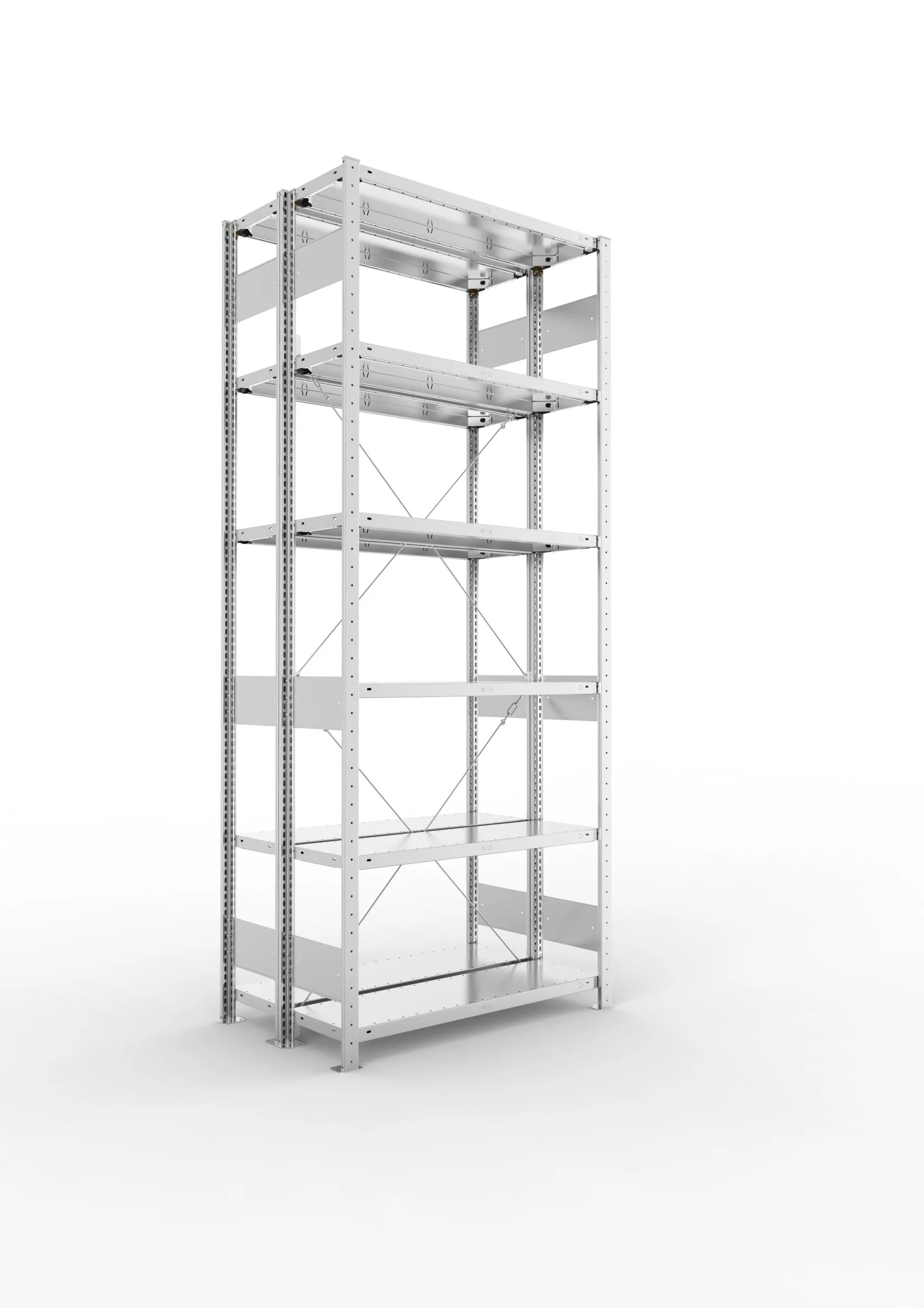 Meta Fachbodenregal Stecksystem S3 CLIP | Grundregal | HxBxT 250x100x60cm | 6 Ebenen | Fachlast 150kg | Doppelseitige Bauart mit Diagonalverstrebung | Verzinkt