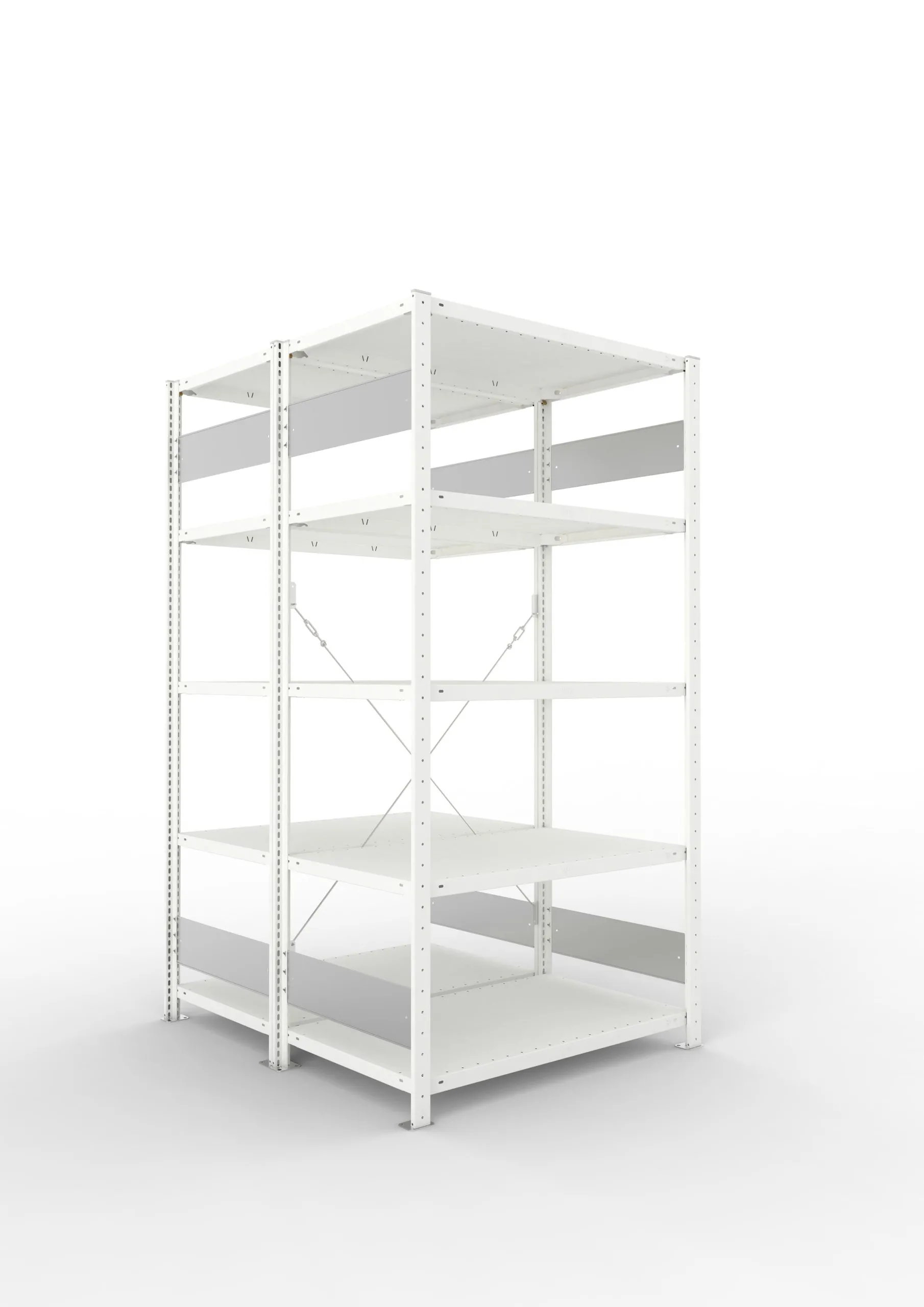 Meta Fachbodenregal Stecksystem S3 CLIP | Grundregal | HxBxT 200x100x120cm | 5 Ebenen | Fachlast 150kg | Doppelseitige Bauart mit Diagonalverstrebung | Lichtgrau