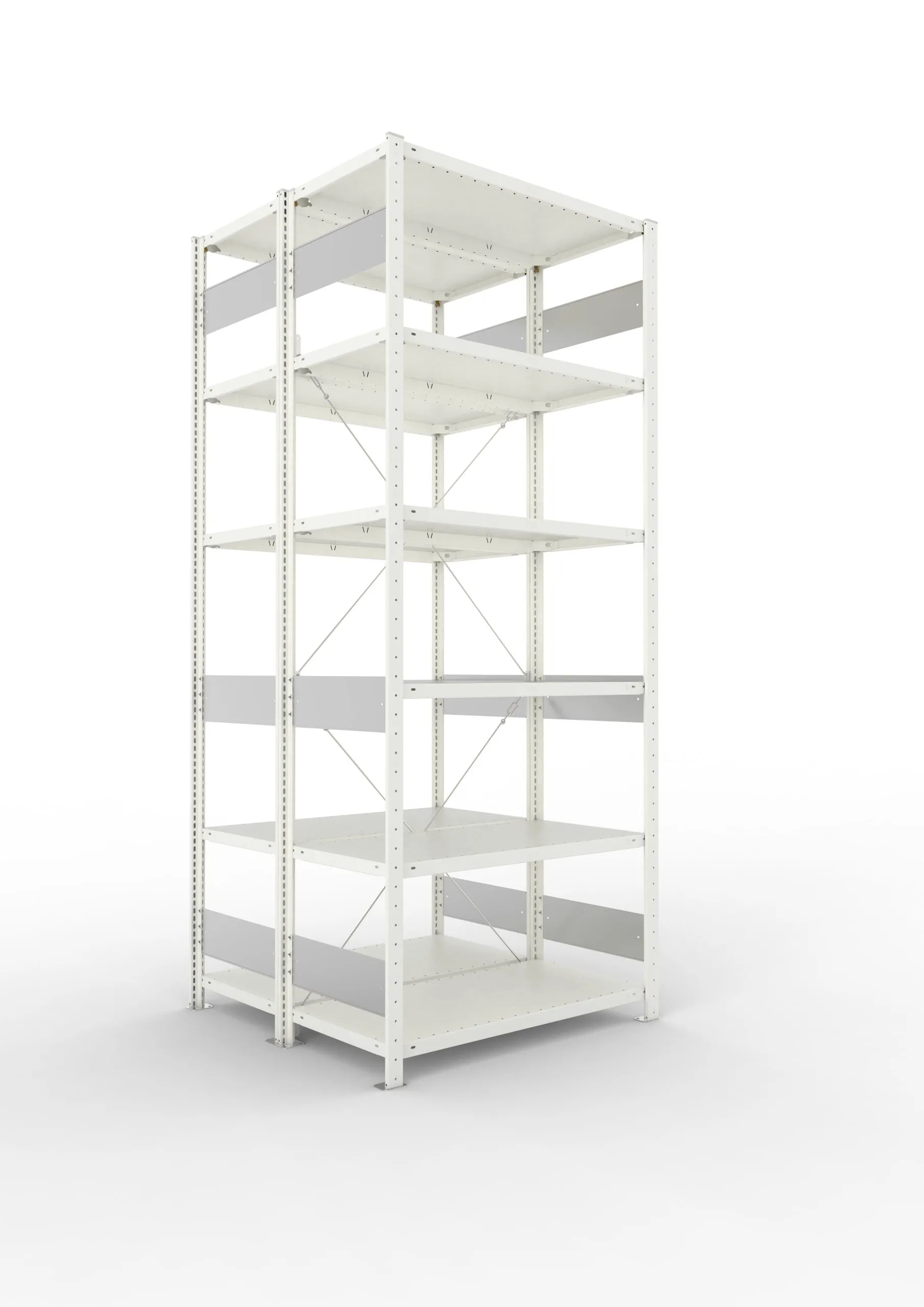 Meta Fachbodenregal Stecksystem S3 CLIP | Grundregal | HxBxT 250x100x100cm | 6 Ebenen | Fachlast 150kg | Doppelseitige Bauart mit Diagonalverstrebung | Lichtgrau