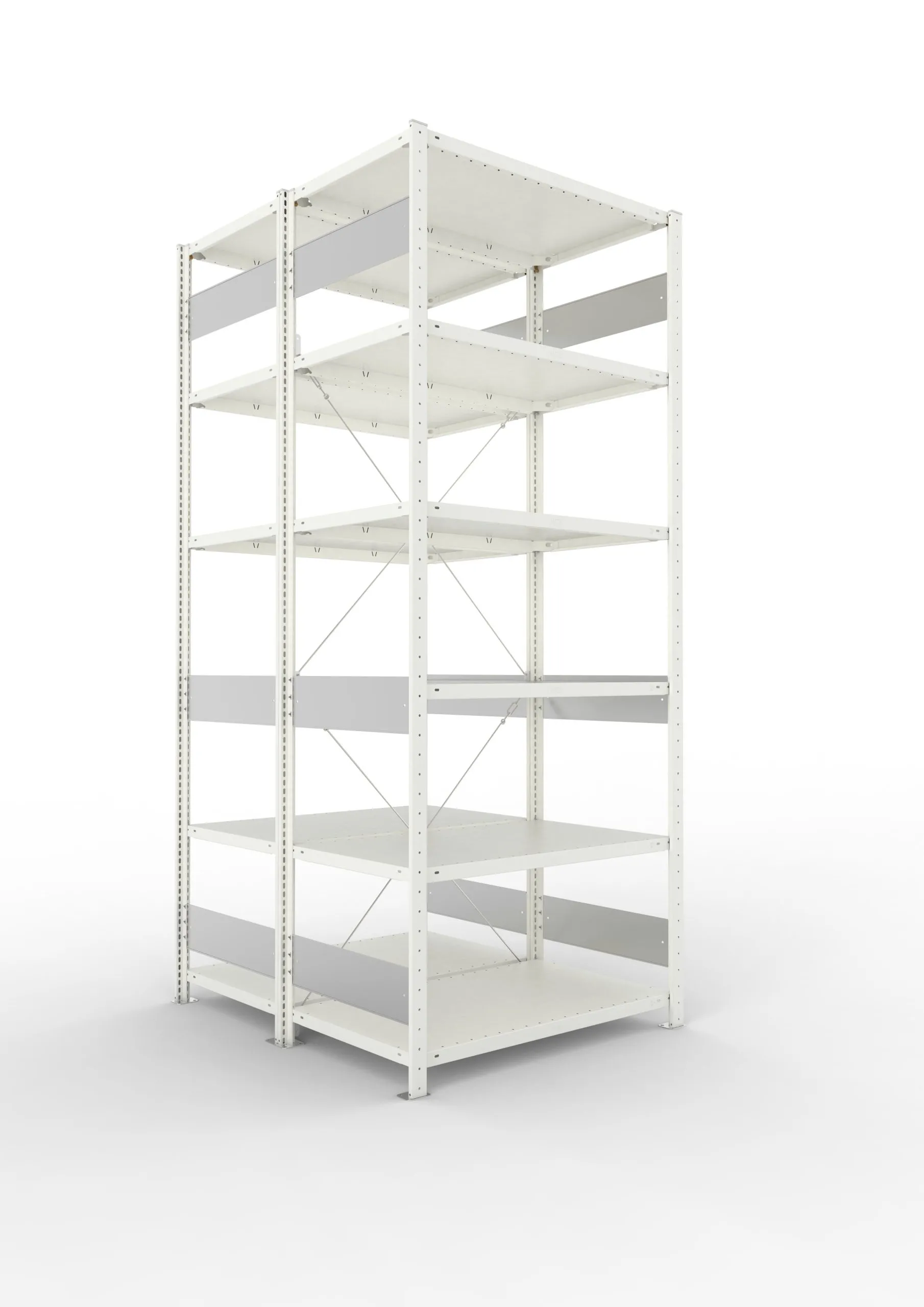 Meta Fachbodenregal Stecksystem S3 CLIP | Grundregal | HxBxT 250x100x120cm | 6 Ebenen | Fachlast 150kg | Doppelseitige Bauart mit Diagonalverstrebung | Lichtgrau