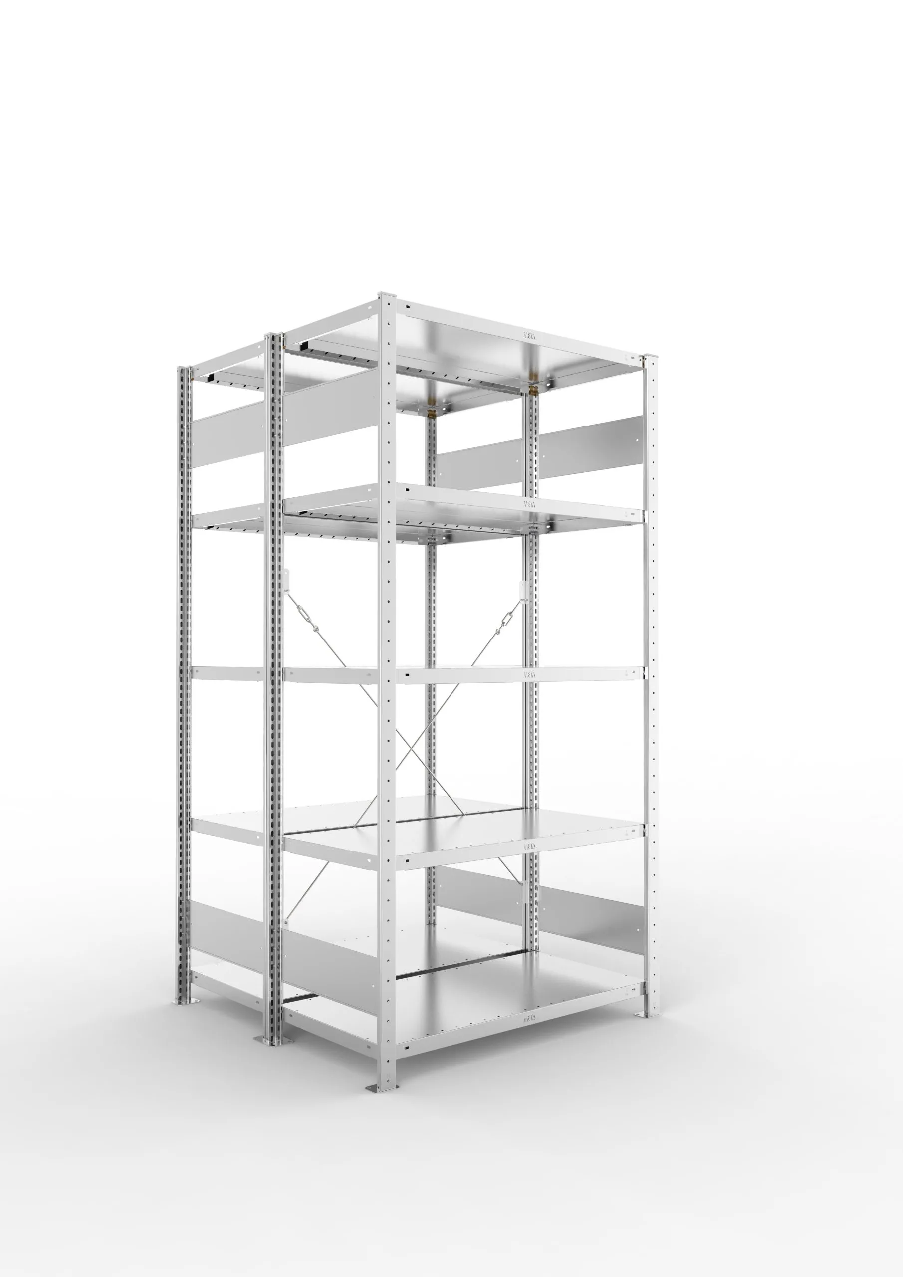 Meta Fachbodenregal Stecksystem S3 CLIP | Grundregal | HxBxT 200x100x100cm | 5 Ebenen | Fachlast 230kg | Doppelseitige Bauart mit Diagonalverstrebung | Verzinkt