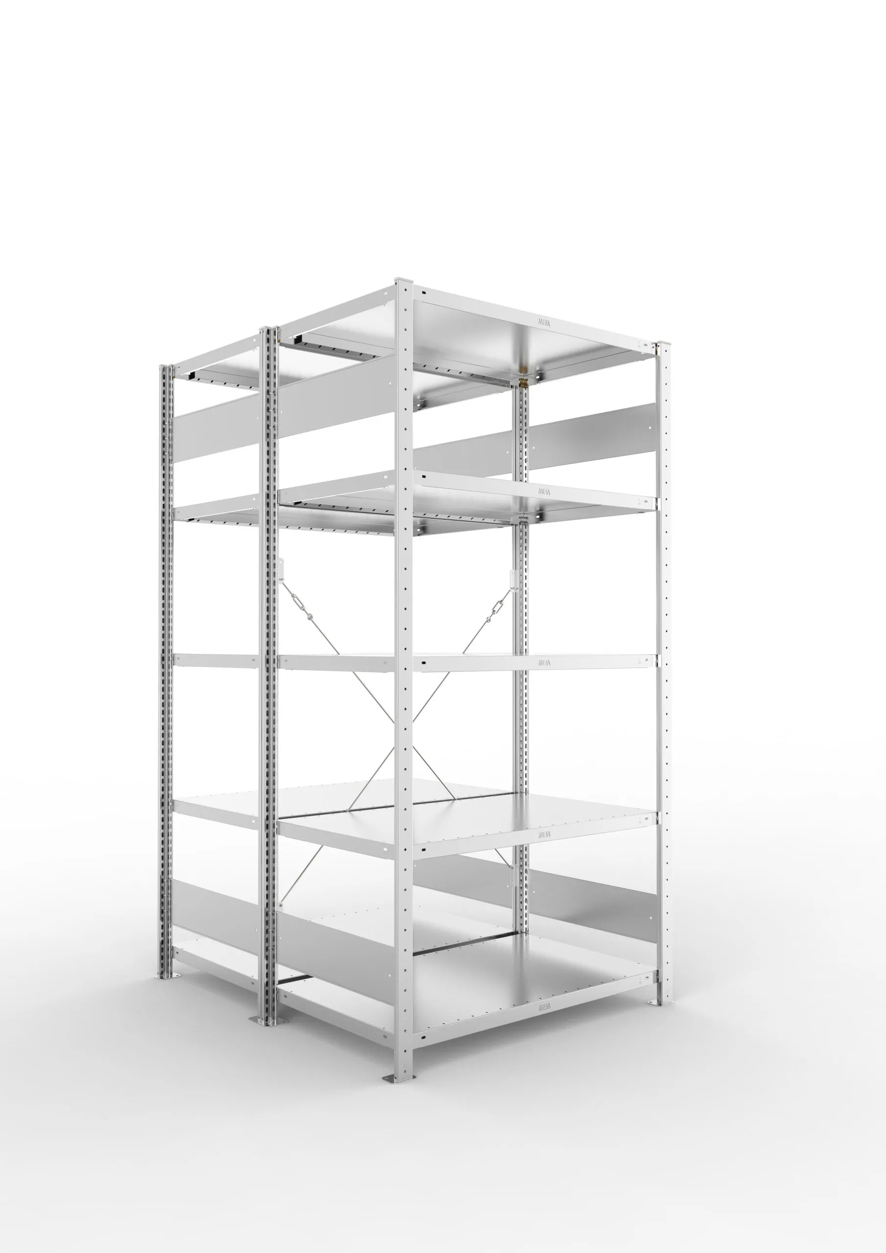 Meta Fachbodenregal Stecksystem S3 CLIP | Grundregal | HxBxT 200x100x120cm | 5 Ebenen | Fachlast 230kg | Doppelseitige Bauart mit Diagonalverstrebung | Verzinkt