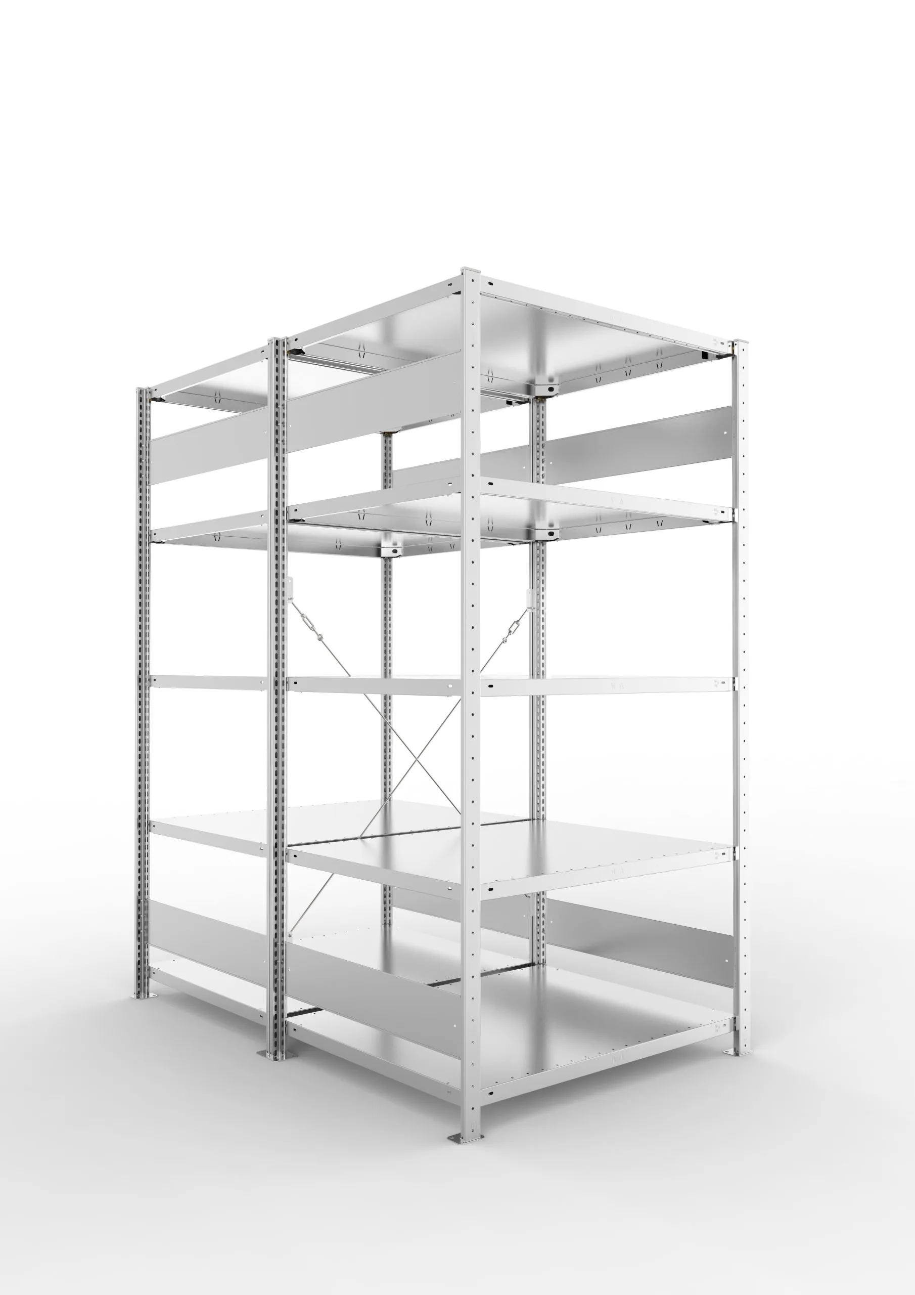 Meta Fachbodenregal Stecksystem S3 CLIP | Grundregal | HxBxT 200x100x160cm | 5 Ebenen | Fachlast 230kg | Doppelseitige Bauart mit Diagonalverstrebung | Verzinkt