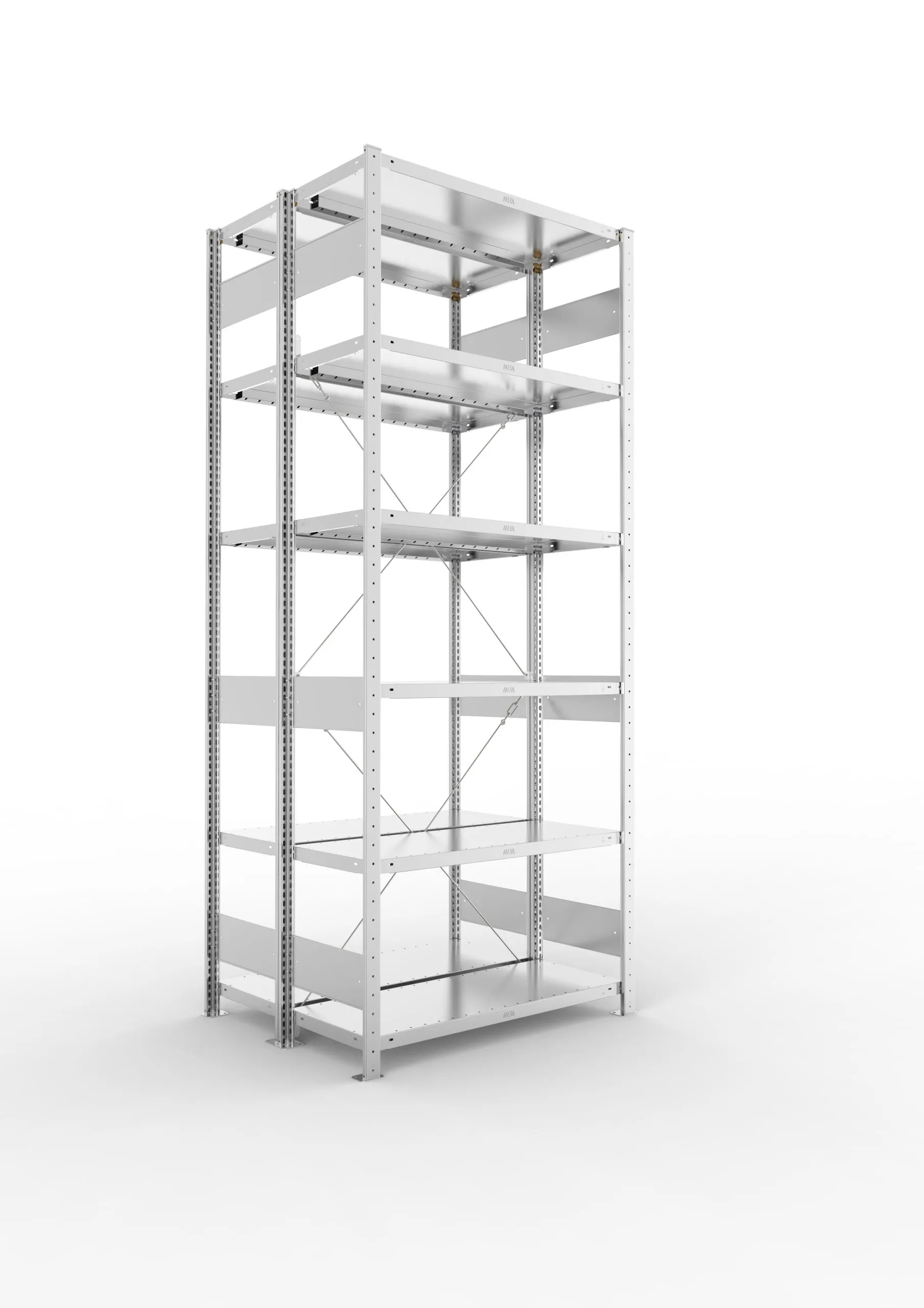 Meta Fachbodenregal Stecksystem S3 CLIP | Grundregal | HxBxT 250x100x80cm | 6 Ebenen | Fachlast 230kg | Doppelseitige Bauart mit Diagonalverstrebung | Verzinkt
