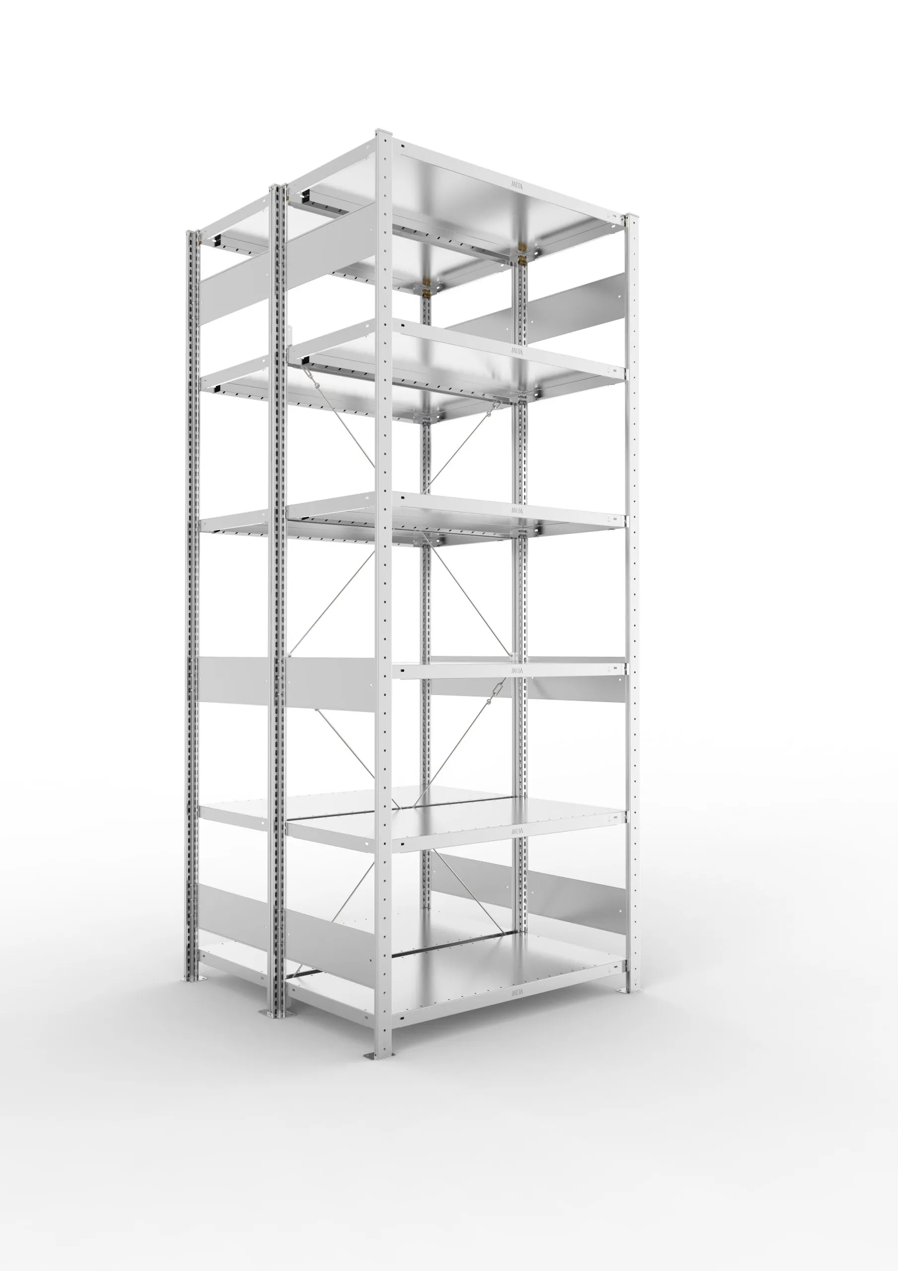 Meta Fachbodenregal Stecksystem S3 CLIP | Grundregal | HxBxT 250x100x100cm | 6 Ebenen | Fachlast 230kg | Doppelseitige Bauart mit Diagonalverstrebung | Verzinkt