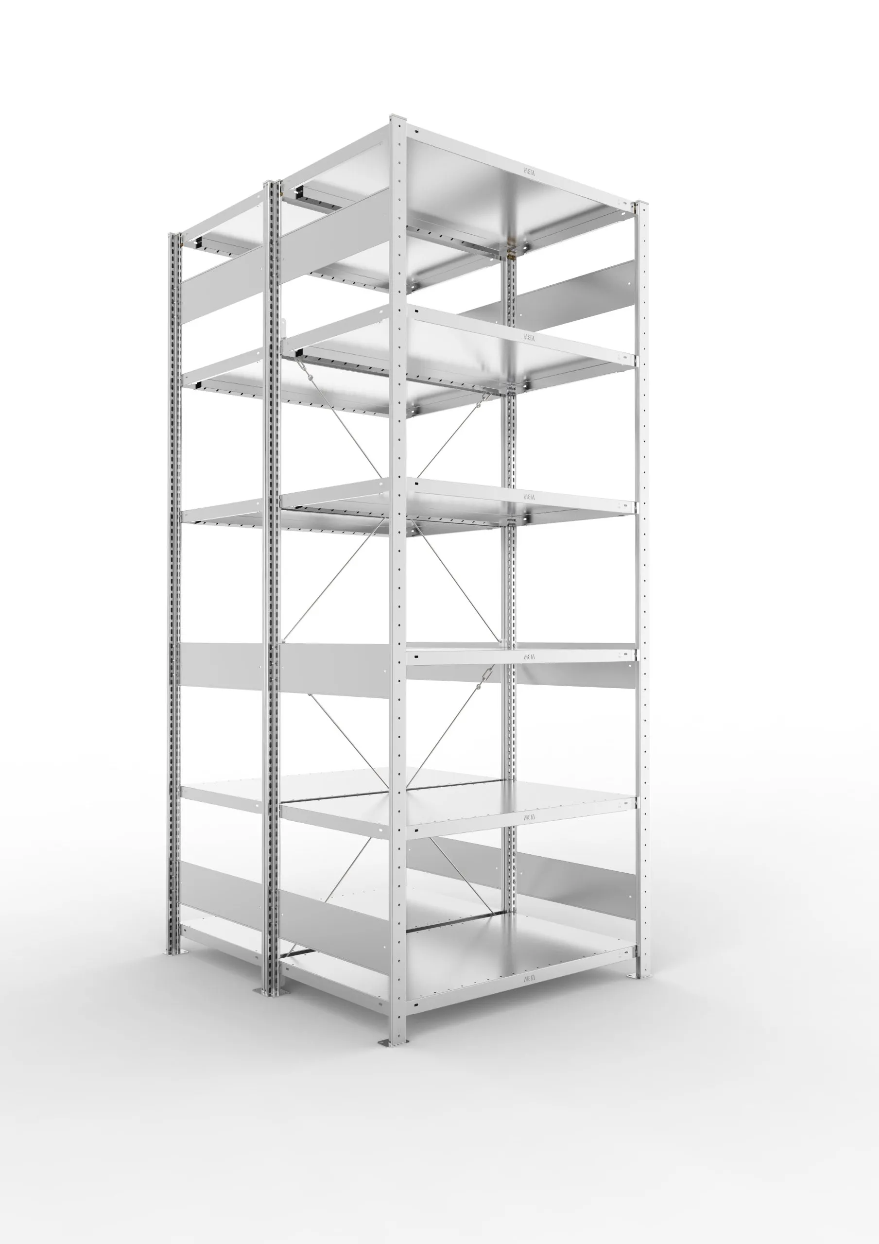 Meta Fachbodenregal Stecksystem S3 CLIP | Grundregal | HxBxT 250x100x120cm | 6 Ebenen | Fachlast 230kg | Doppelseitige Bauart mit Diagonalverstrebung | Verzinkt