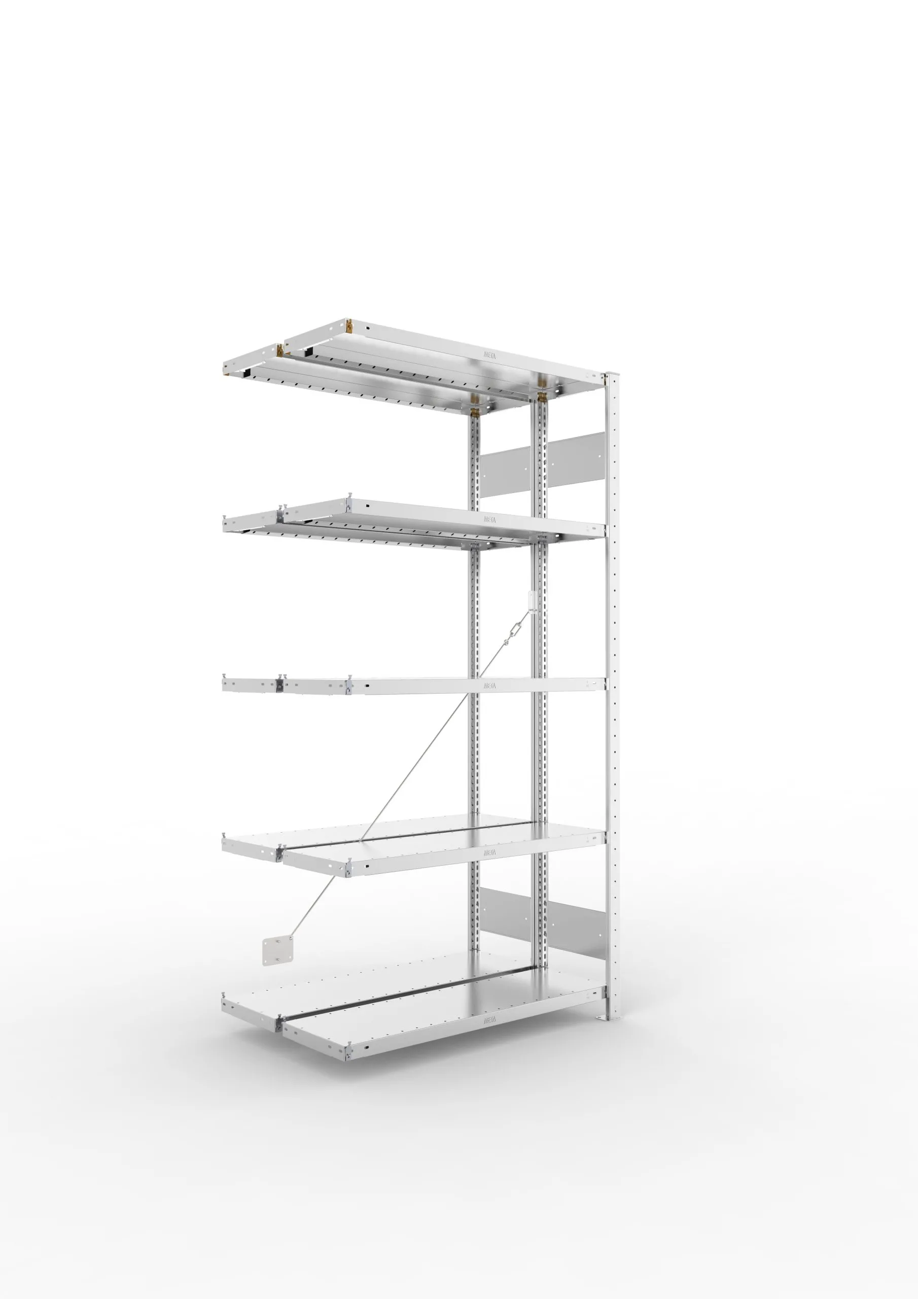 Meta Fachbodenregal Stecksystem S3 CLIP | Anbauregal | HxBxT 200x100x60cm | 5 Ebenen | Fachlast 230kg | Doppelseitige Bauart mit Diagonalverstrebung | Verzinkt