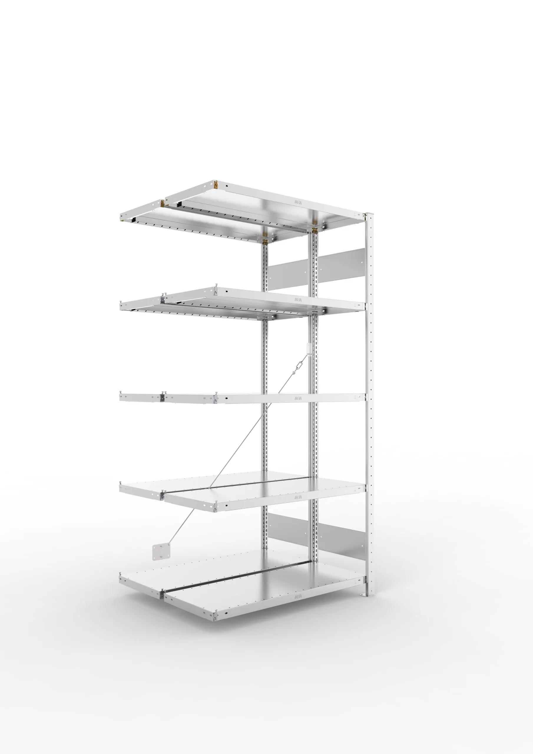 Meta Fachbodenregal Stecksystem S3 CLIP | Anbauregal | HxBxT 200x100x80cm | 5 Ebenen | Fachlast 230kg | Doppelseitige Bauart mit Diagonalverstrebung | Verzinkt