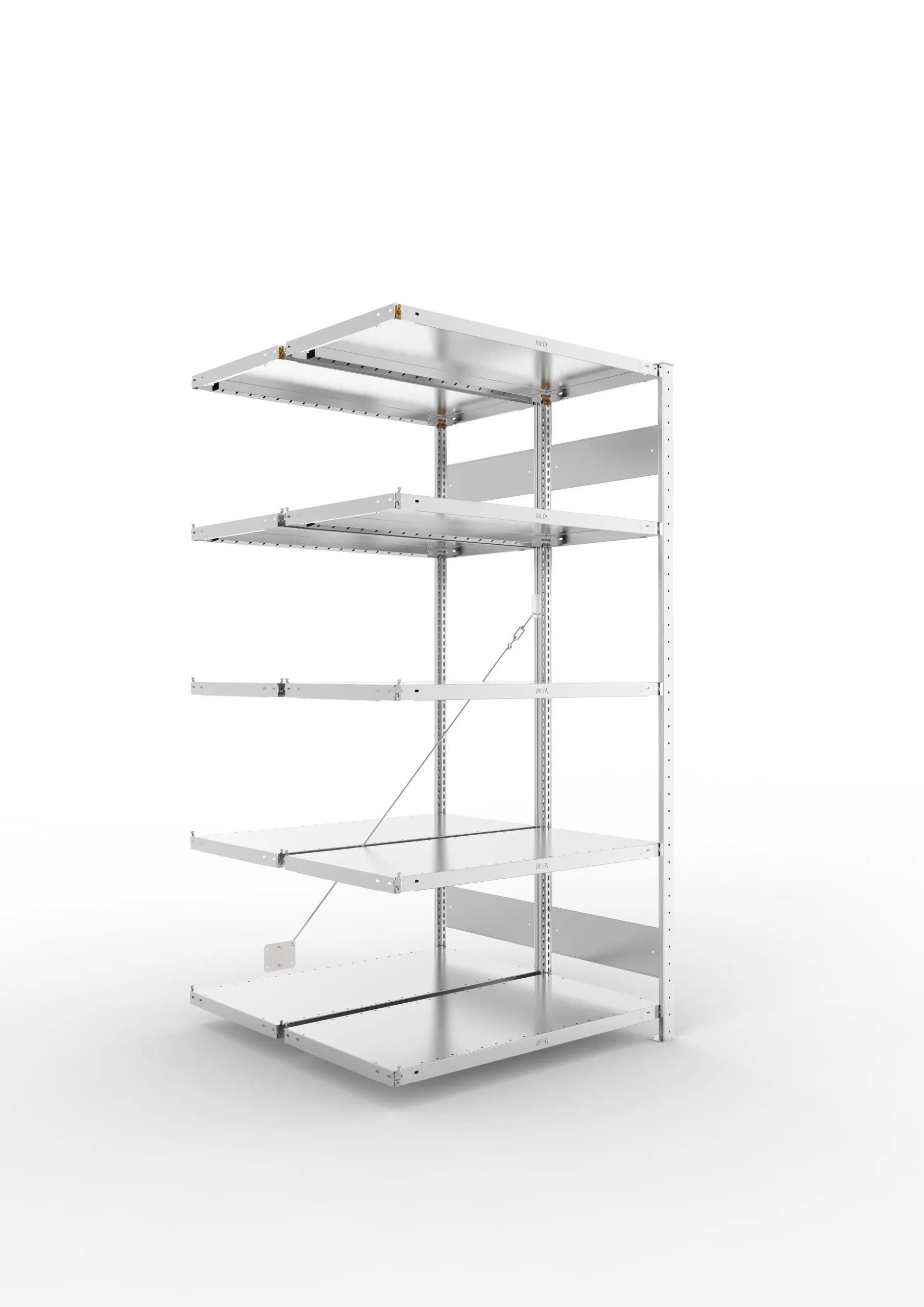 Meta Fachbodenregal Stecksystem S3 CLIP | Anbauregal | HxBxT 200x100x100cm | 5 Ebenen | Fachlast 230kg | Doppelseitige Bauart mit Diagonalverstrebung | Verzinkt