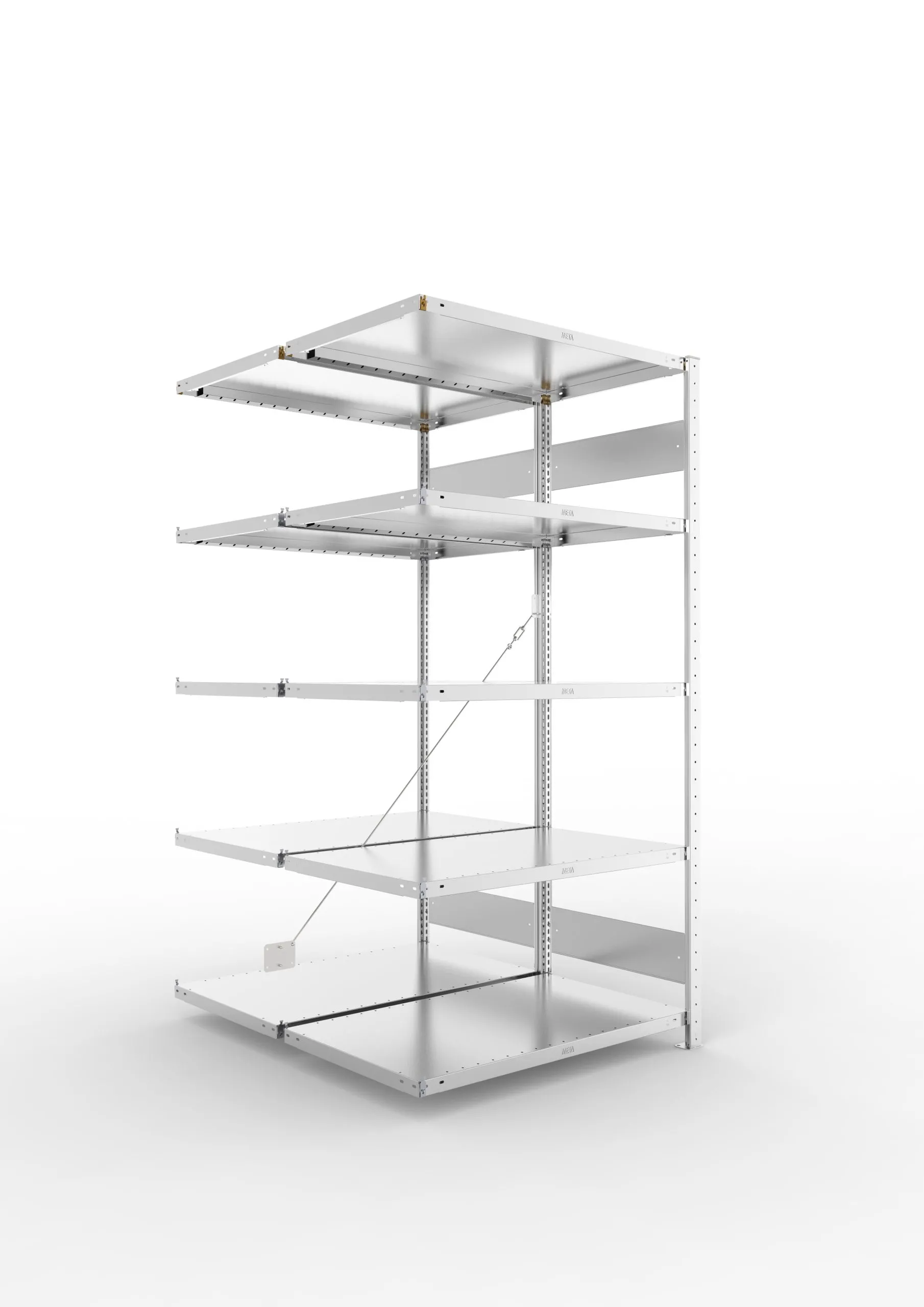 Meta Fachbodenregal Stecksystem S3 CLIP | Anbauregal | HxBxT 200x100x120cm | 5 Ebenen | Fachlast 230kg | Doppelseitige Bauart mit Diagonalverstrebung | Verzinkt