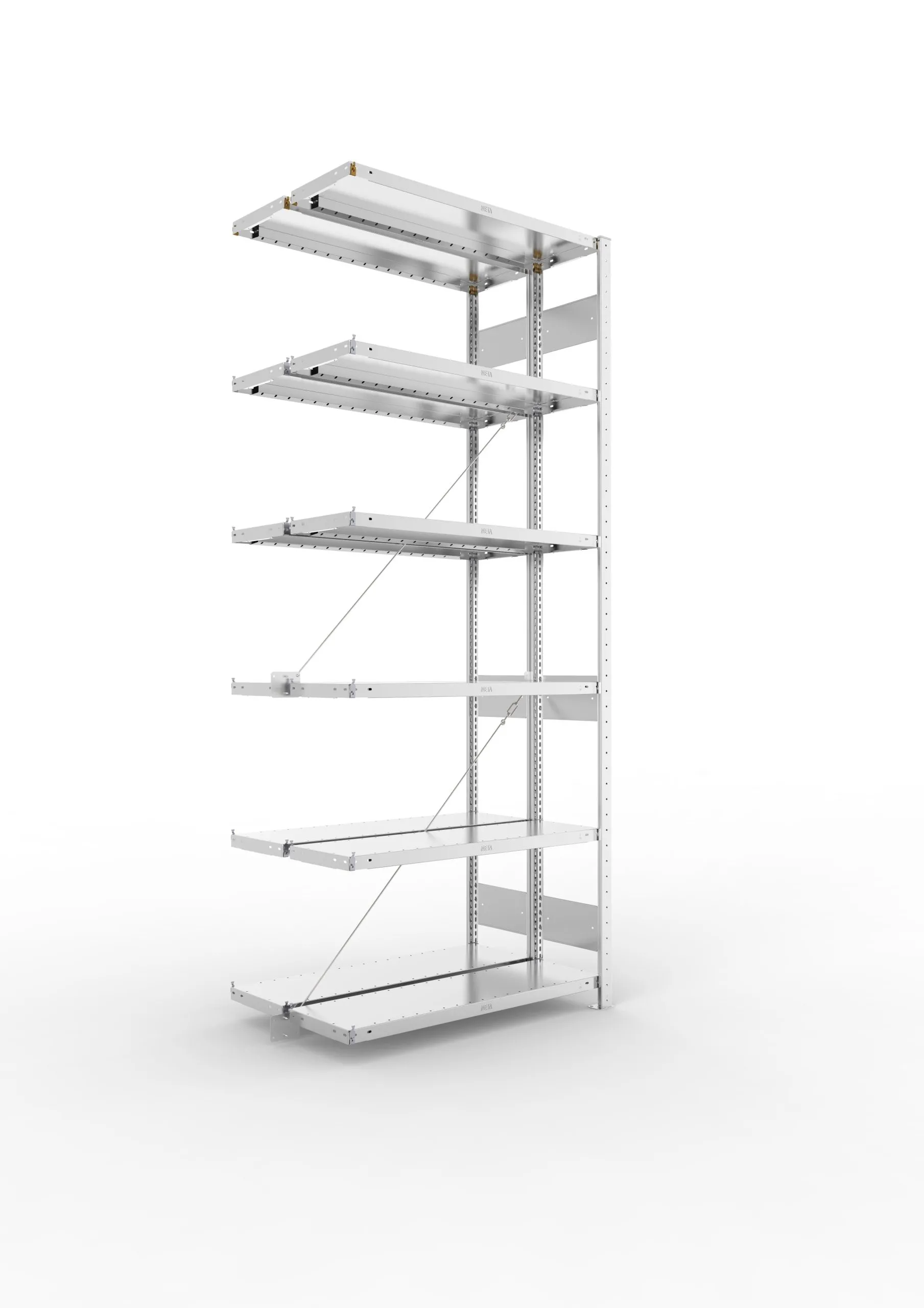 Meta Fachbodenregal Stecksystem S3 CLIP | Anbauregal | HxBxT 250x100x60cm | 6 Ebenen | Fachlast 230kg | Doppelseitige Bauart mit Diagonalverstrebung | Verzinkt