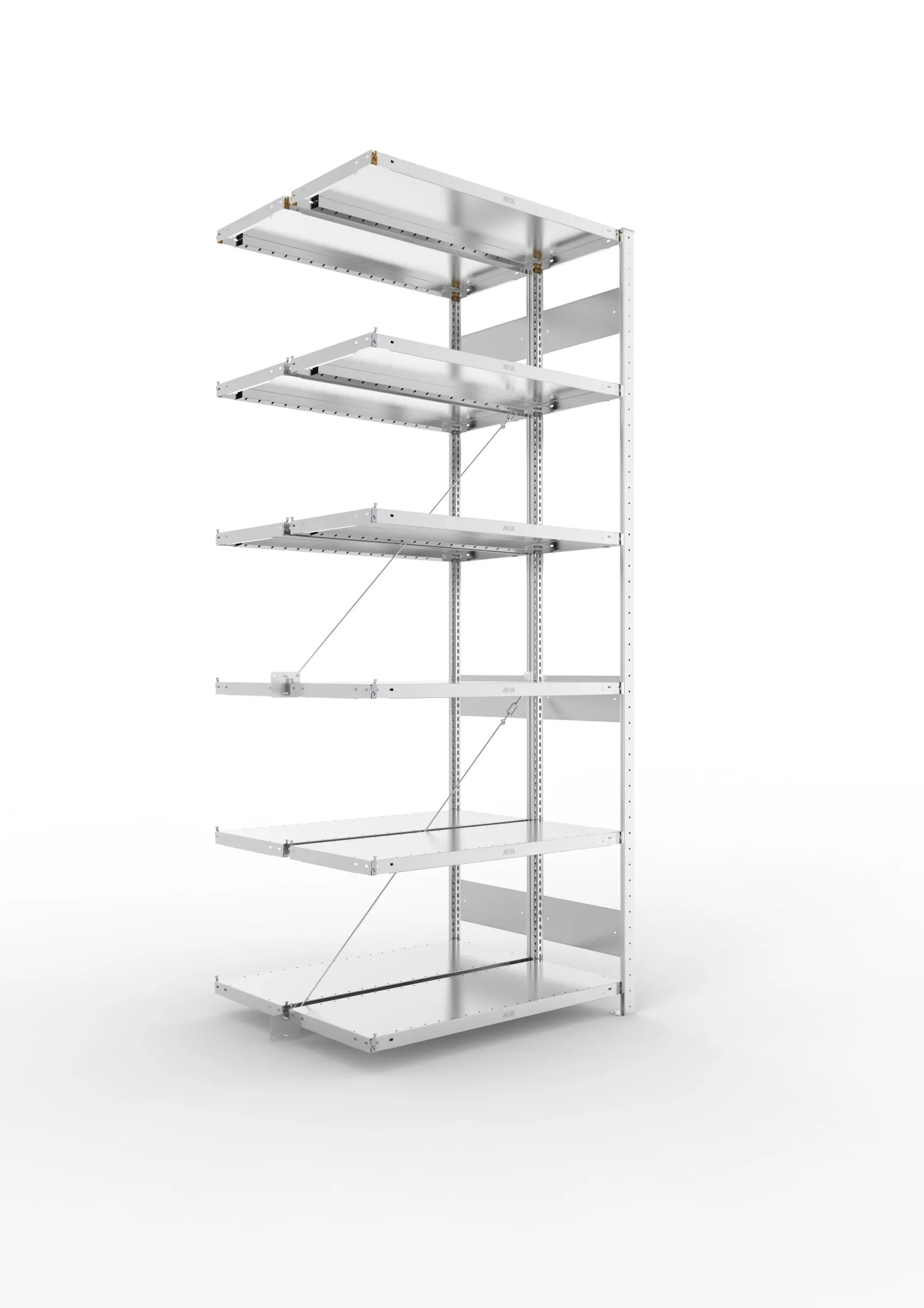 Meta Fachbodenregal Stecksystem S3 CLIP | Anbauregal | HxBxT 250x100x80cm | 6 Ebenen | Fachlast 230kg | Doppelseitige Bauart mit Diagonalverstrebung | Verzinkt