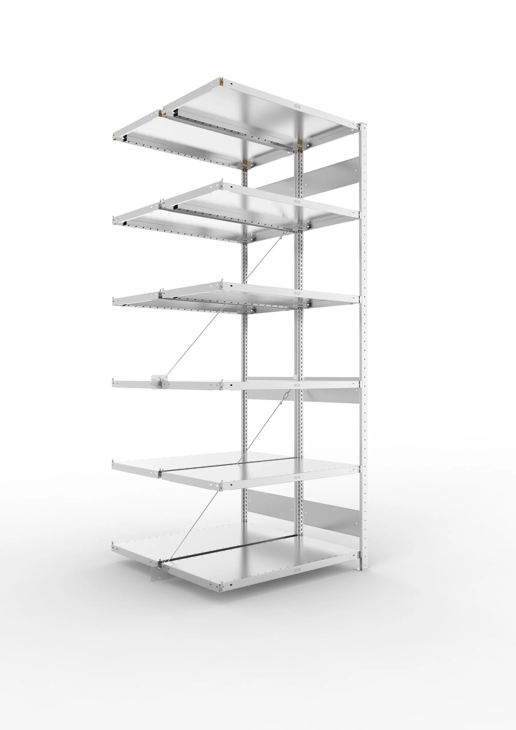Meta Fachbodenregal Stecksystem S3 CLIP | Anbauregal | HxBxT 250x100x100cm | 6 Ebenen | Fachlast 230kg | Doppelseitige Bauart mit Diagonalverstrebung | Verzinkt