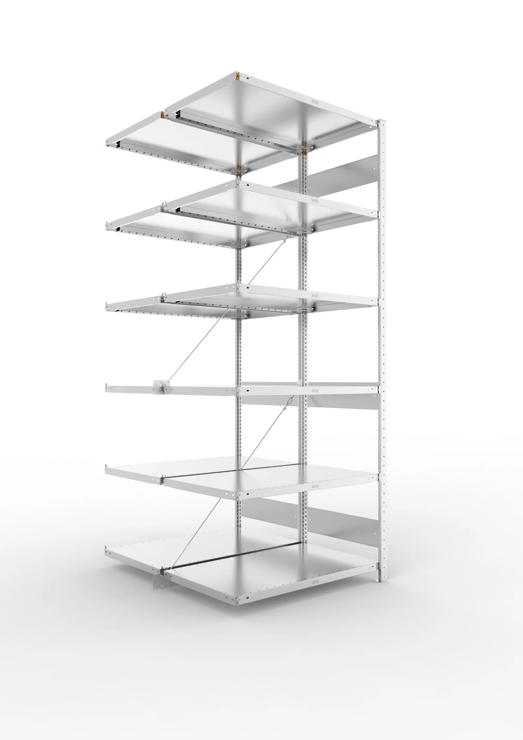 Meta Fachbodenregal Stecksystem S3 CLIP | Anbauregal | HxBxT 250x100x120cm | 6 Ebenen | Fachlast 230kg | Doppelseitige Bauart mit Diagonalverstrebung | Verzinkt