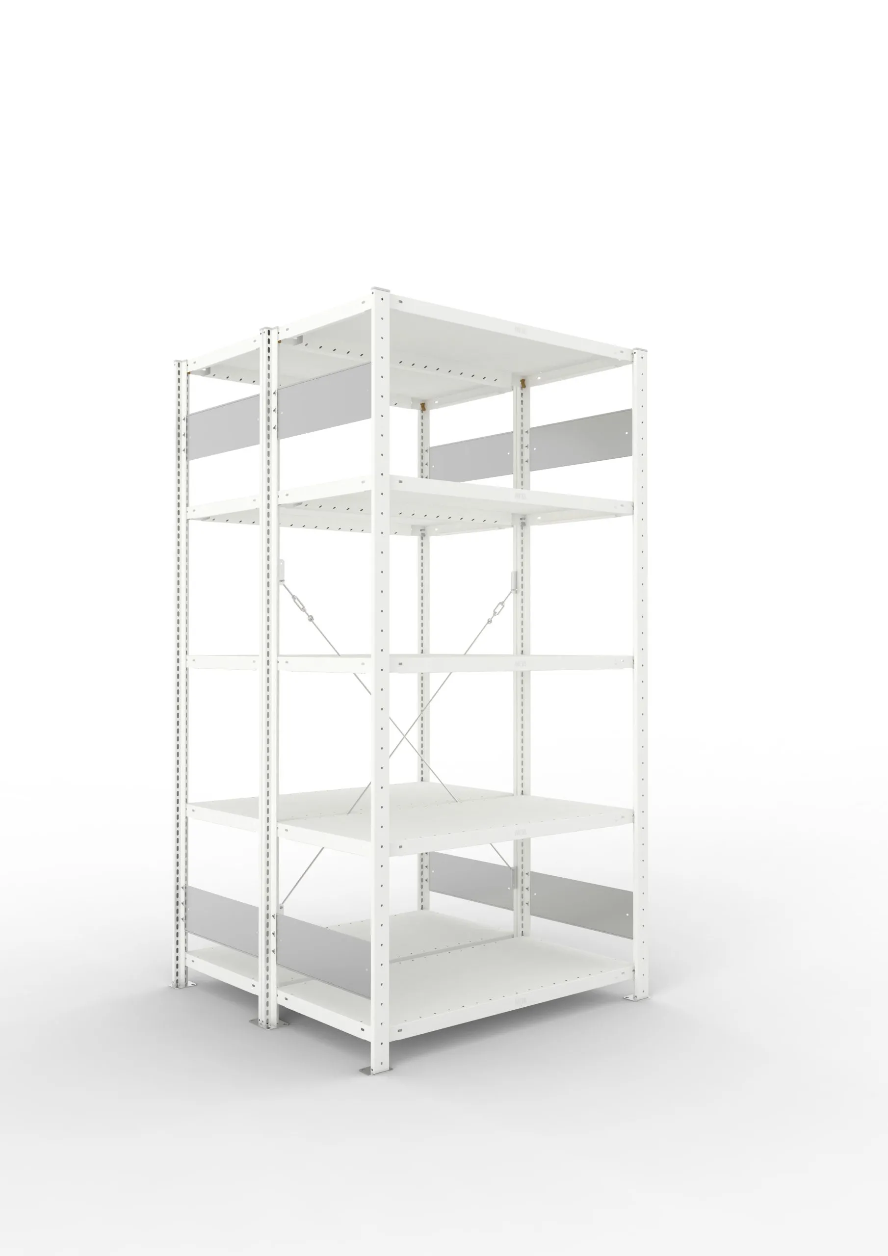 Meta Fachbodenregal Stecksystem S3 CLIP | Grundregal | HxBxT 200x100x100cm | 5 Ebenen | Fachlast 230kg | Doppelseitige Bauart mit Diagonalverstrebung | Lichtgrau