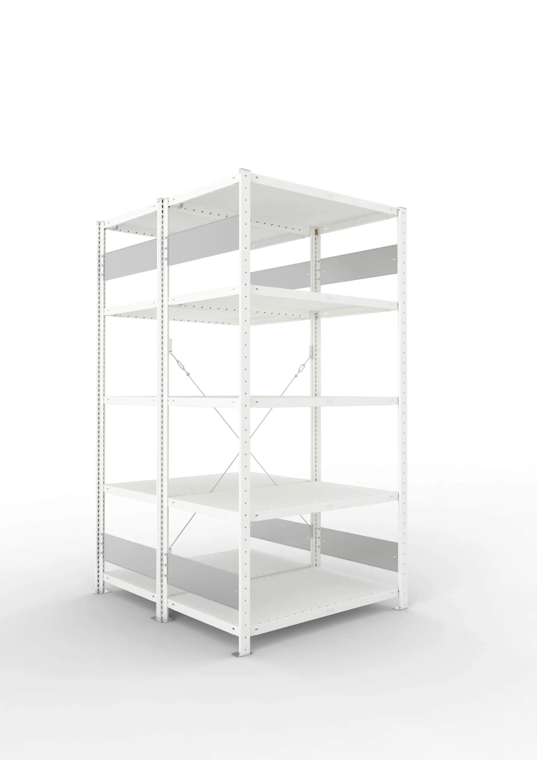 Meta Fachbodenregal Stecksystem S3 CLIP | Grundregal | HxBxT 200x100x120cm | 5 Ebenen | Fachlast 230kg | Doppelseitige Bauart mit Diagonalverstrebung | Lichtgrau