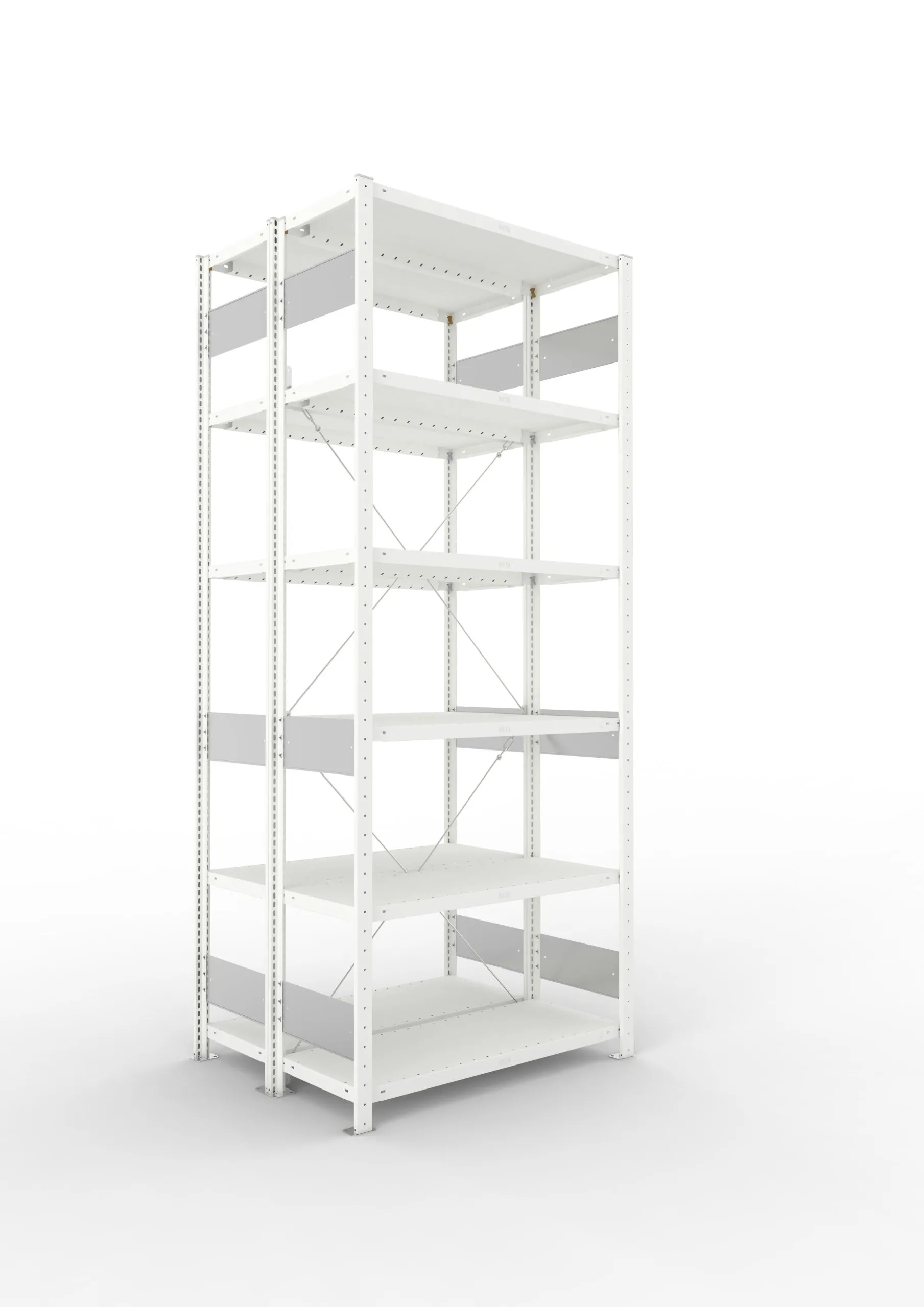 Meta Fachbodenregal Stecksystem S3 CLIP | Grundregal | HxBxT 250x100x60cm | 6 Ebenen | Fachlast 230kg | Doppelseitige Bauart mit Diagonalverstrebung | Lichtgrau