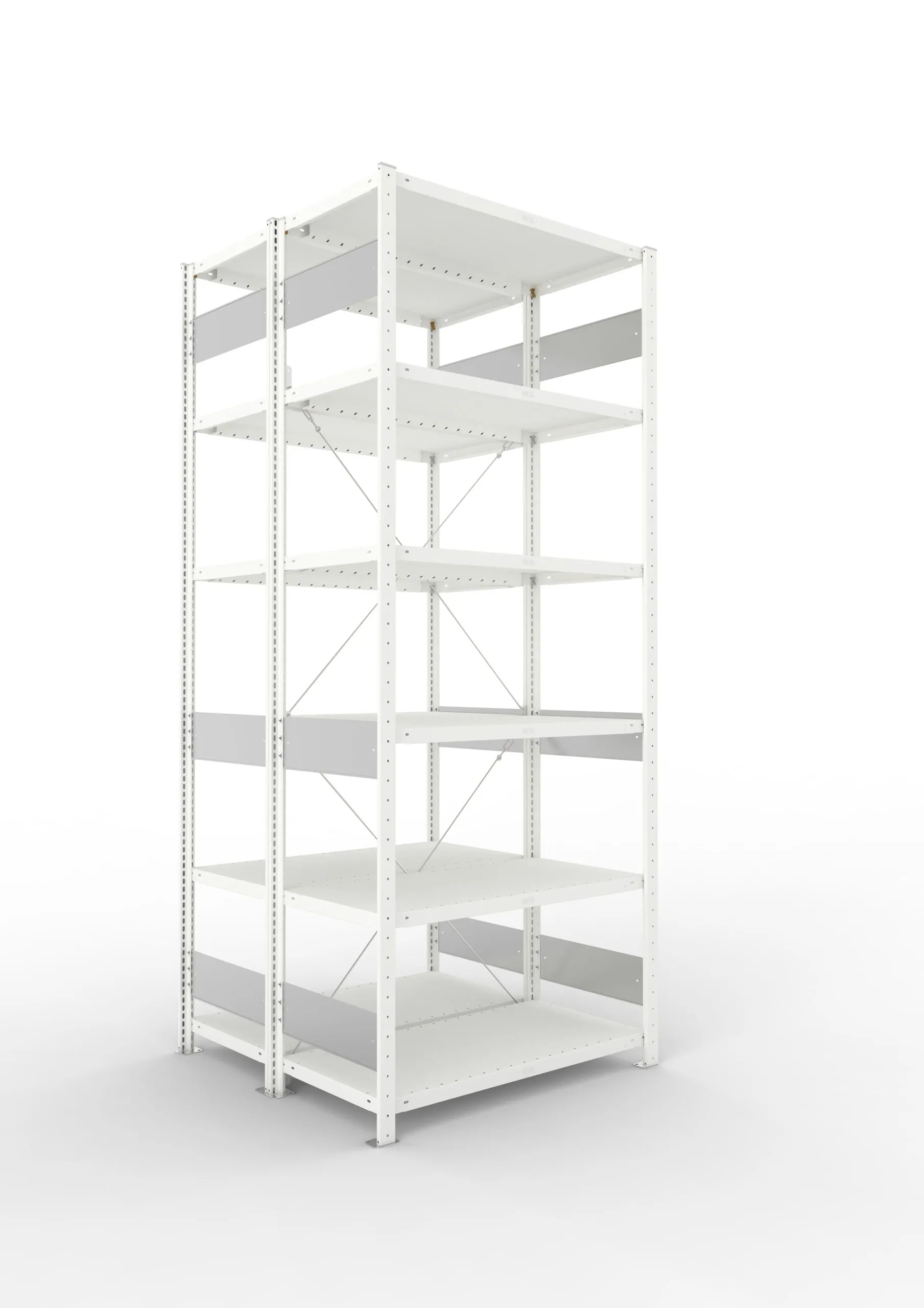 Meta Fachbodenregal Stecksystem S3 CLIP | Grundregal | HxBxT 250x100x80cm | 6 Ebenen | Fachlast 230kg | Doppelseitige Bauart mit Diagonalverstrebung | Lichtgrau