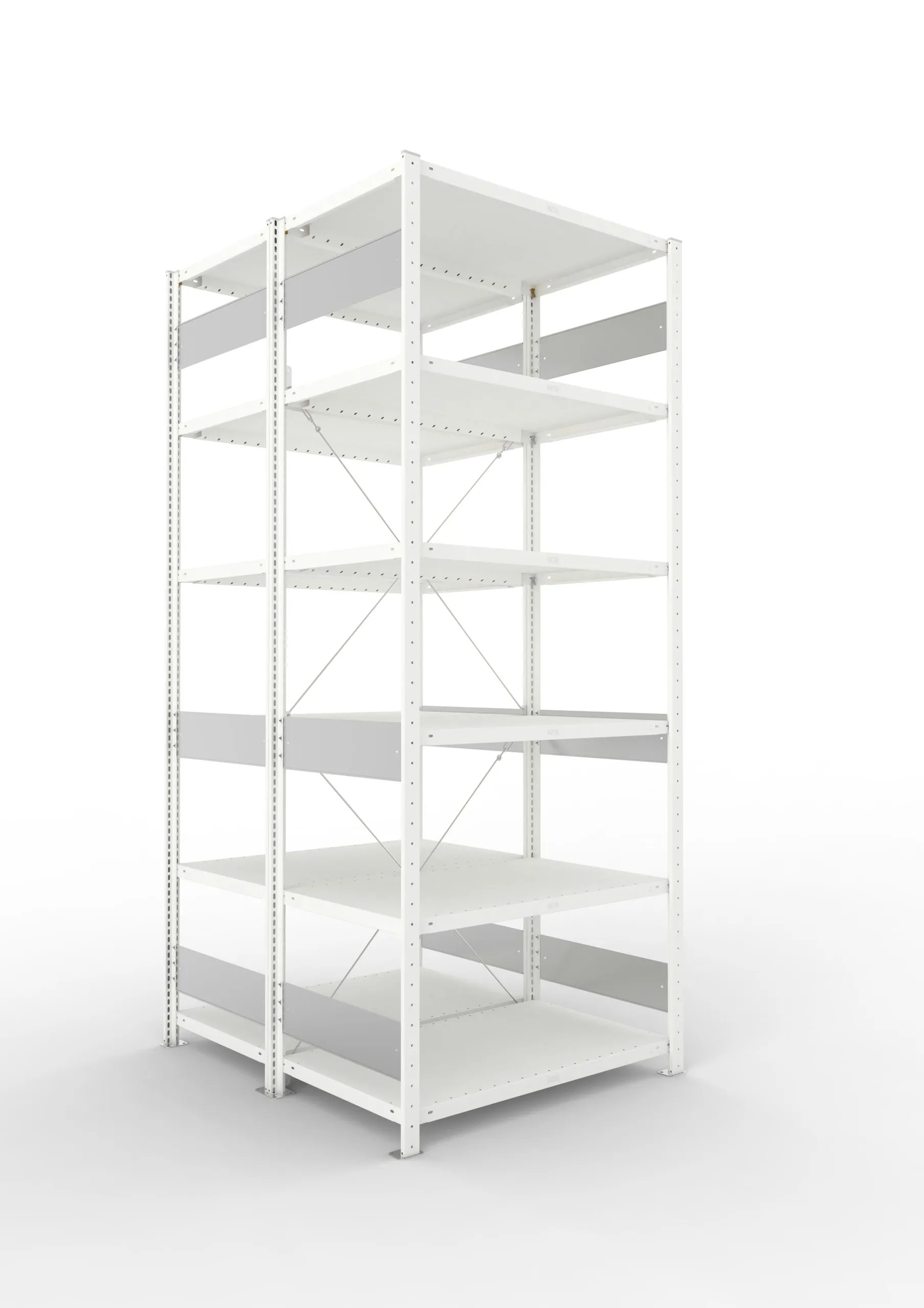 Meta Fachbodenregal Stecksystem S3 CLIP | Grundregal | HxBxT 250x100x100cm | 6 Ebenen | Fachlast 230kg | Doppelseitige Bauart mit Diagonalverstrebung | Lichtgrau