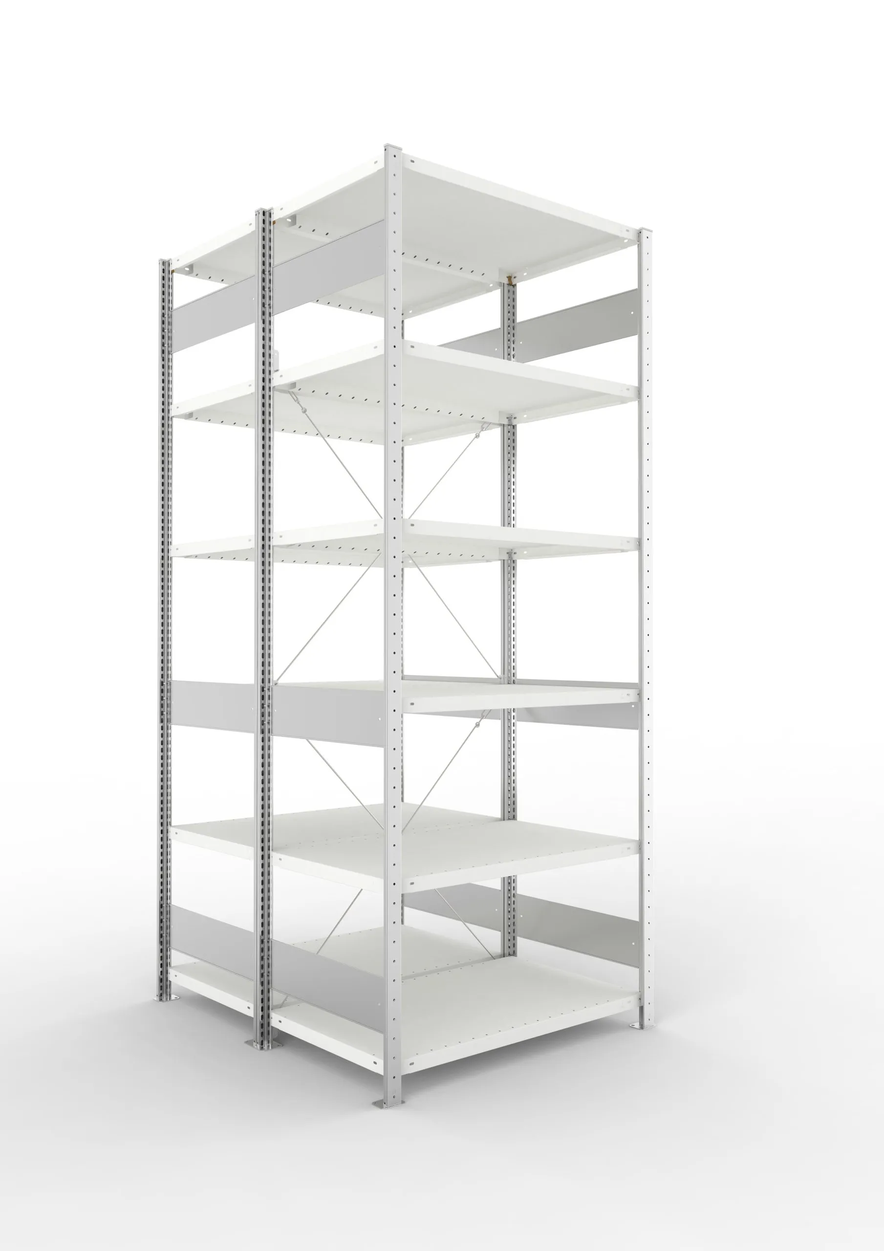 Meta Fachbodenregal Stecksystem S3 CLIP | Grundregal | HxBxT 250x100x120cm | 6 Ebenen | Fachlast 230kg | Doppelseitige Bauart mit Diagonalverstrebung | Lichtgrau