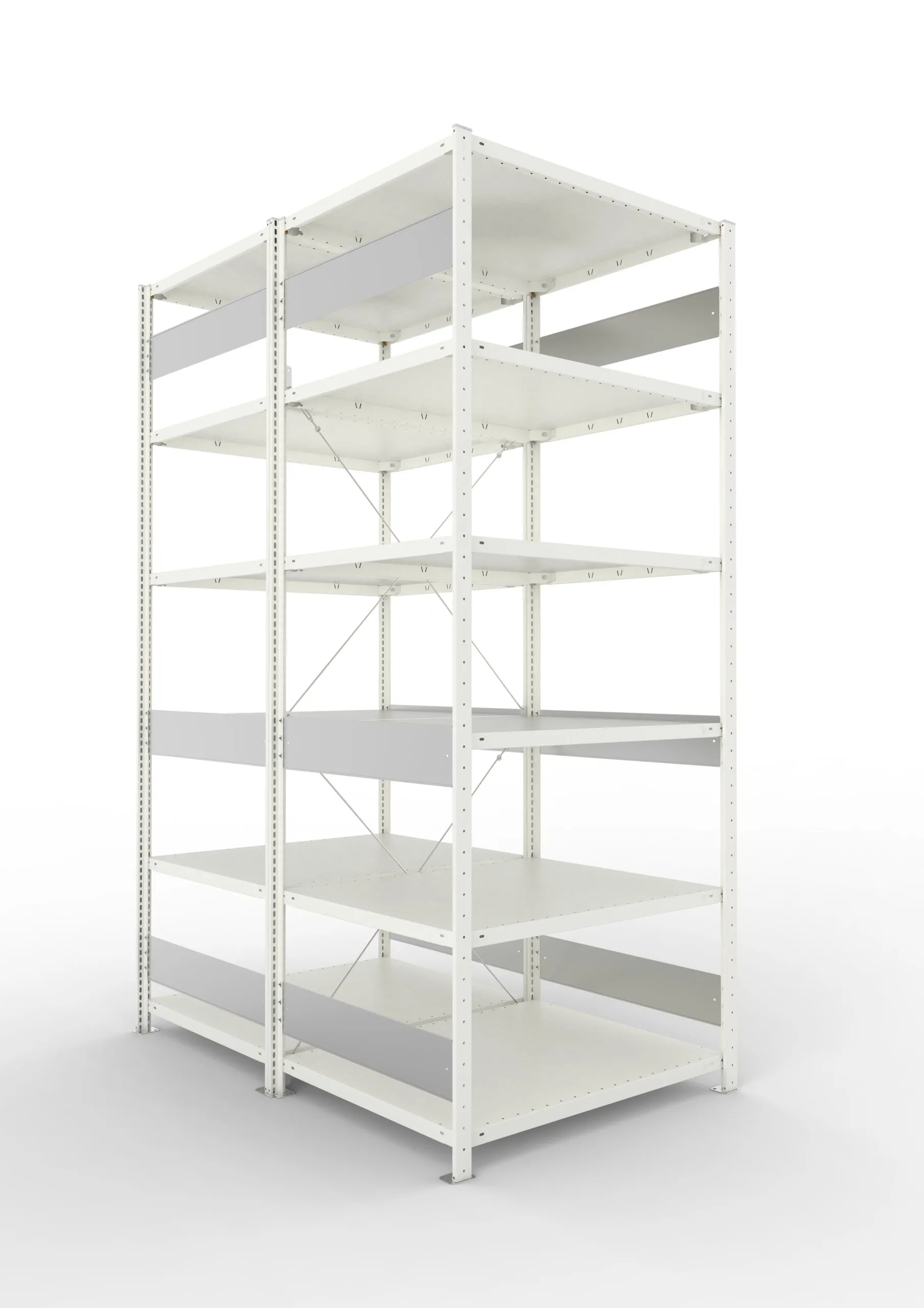 Meta Fachbodenregal Stecksystem S3 CLIP | Grundregal | HxBxT 250x100x160cm | 6 Ebenen | Fachlast 230kg | Doppelseitige Bauart mit Diagonalverstrebung | Lichtgrau