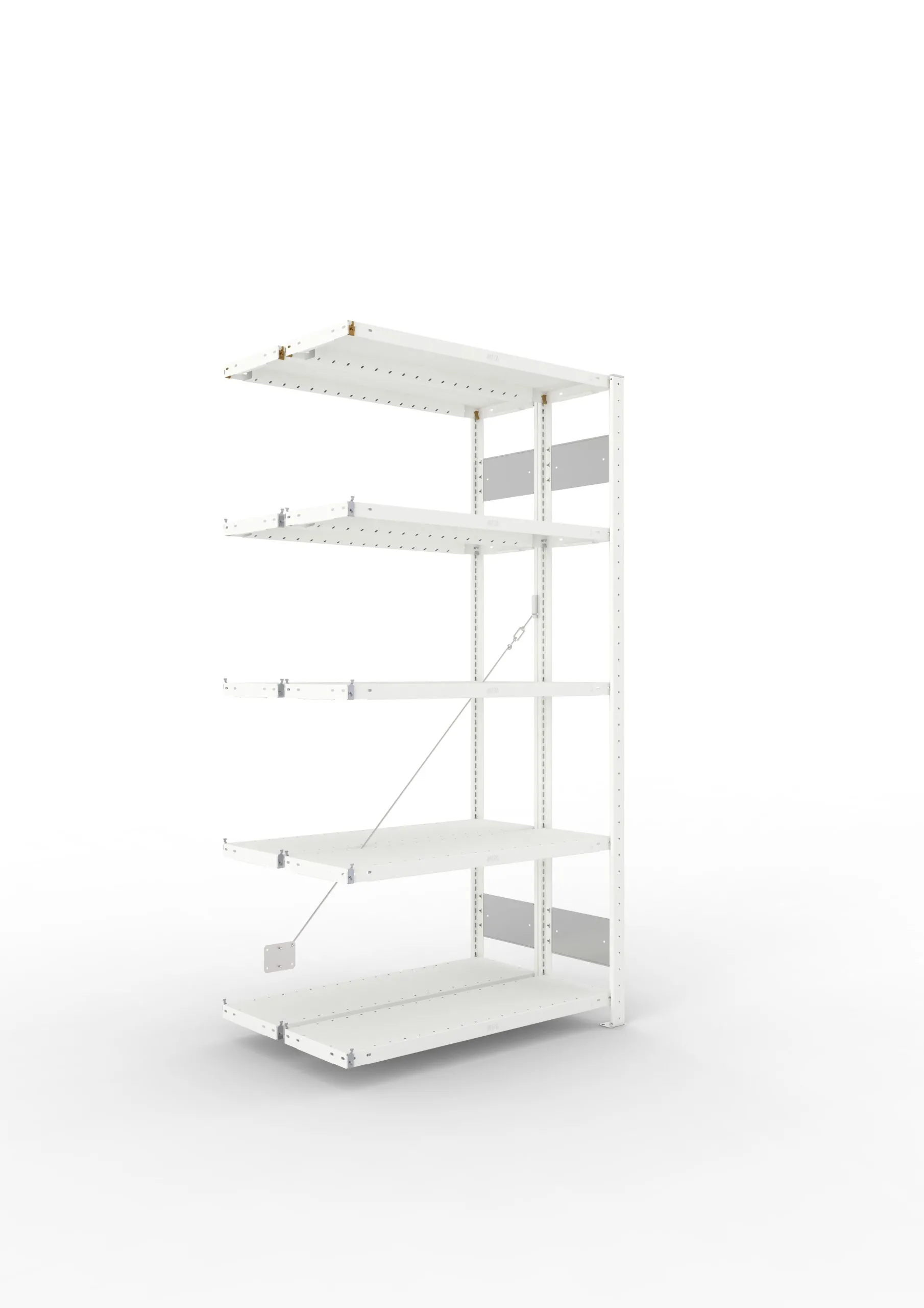 Meta Fachbodenregal Stecksystem S3 CLIP | Anbauregal | HxBxT 200x100x60cm | 5 Ebenen | Fachlast 230kg | Doppelseitige Bauart mit Diagonalverstrebung | Lichtgrau