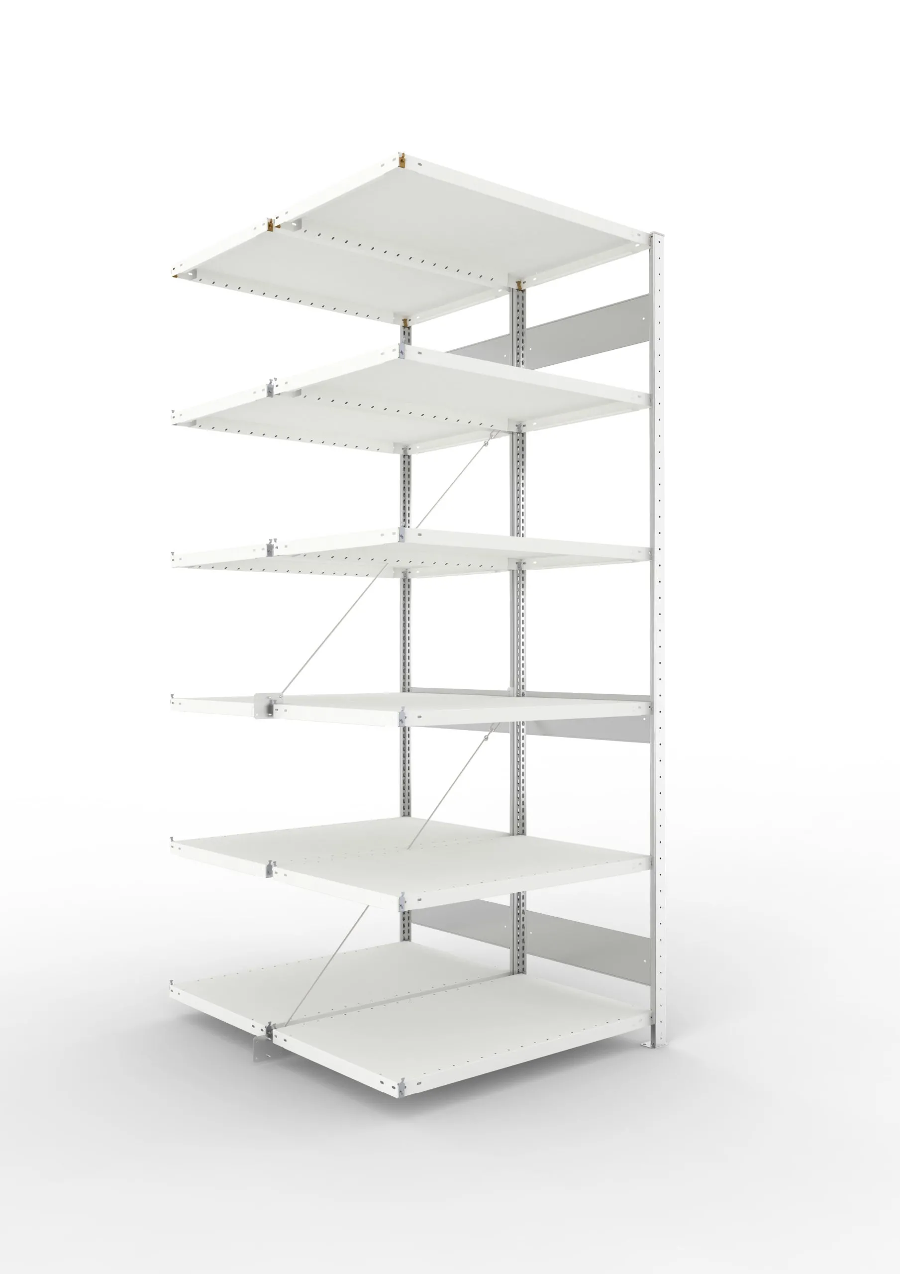 Meta Fachbodenregal Stecksystem S3 CLIP | Anbauregal | HxBxT 250x100x120cm | 6 Ebenen | Fachlast 230kg | Doppelseitige Bauart mit Diagonalverstrebung | Lichtgrau