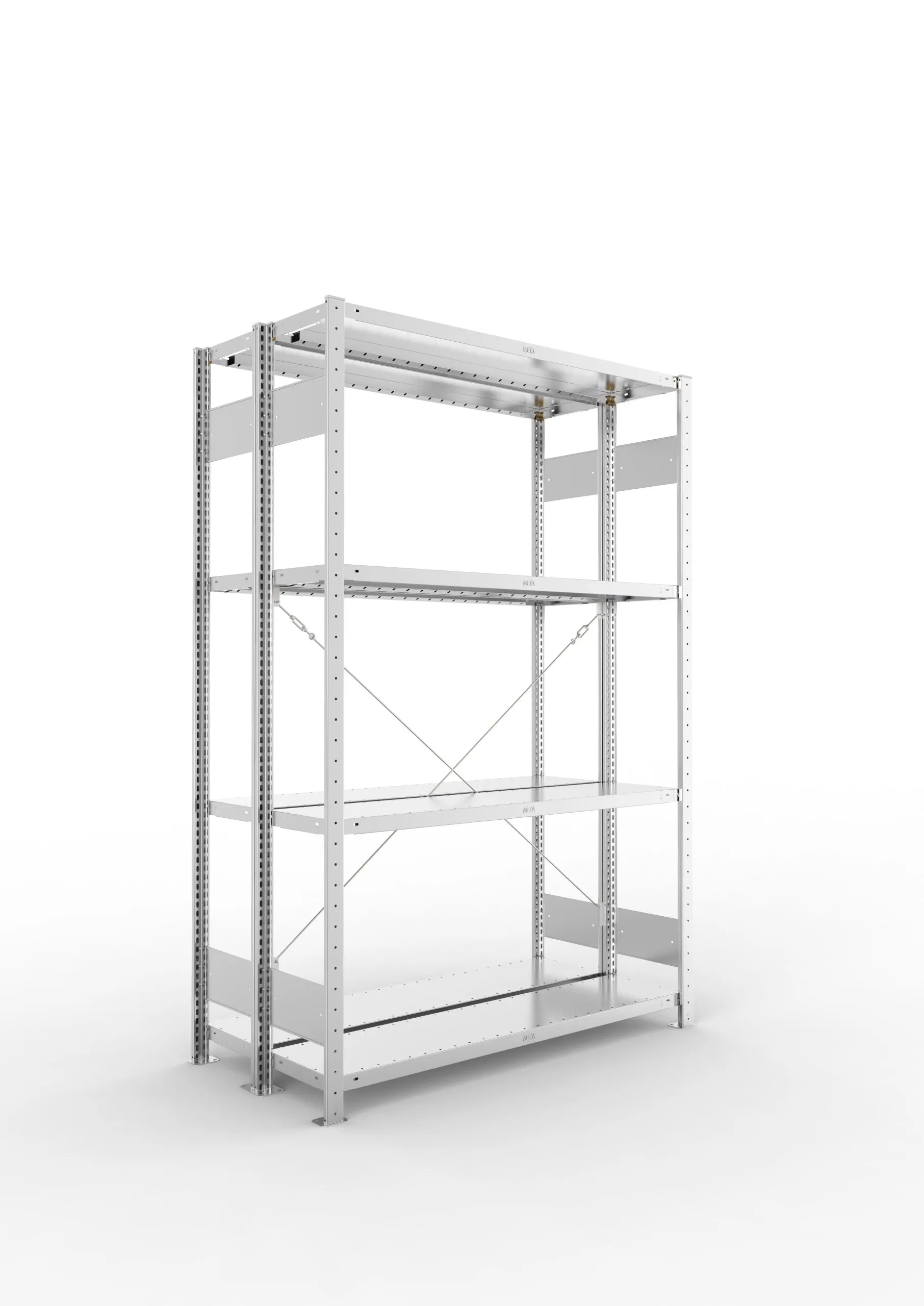 Meta Fachbodenregal Stecksystem S3 CLIP | Grundregal | HxBxT 200x130x60cm | 4 Ebenen | Fachlast 230kg | Doppelseitige Bauart mit Diagonalverstrebung | Verzinkt