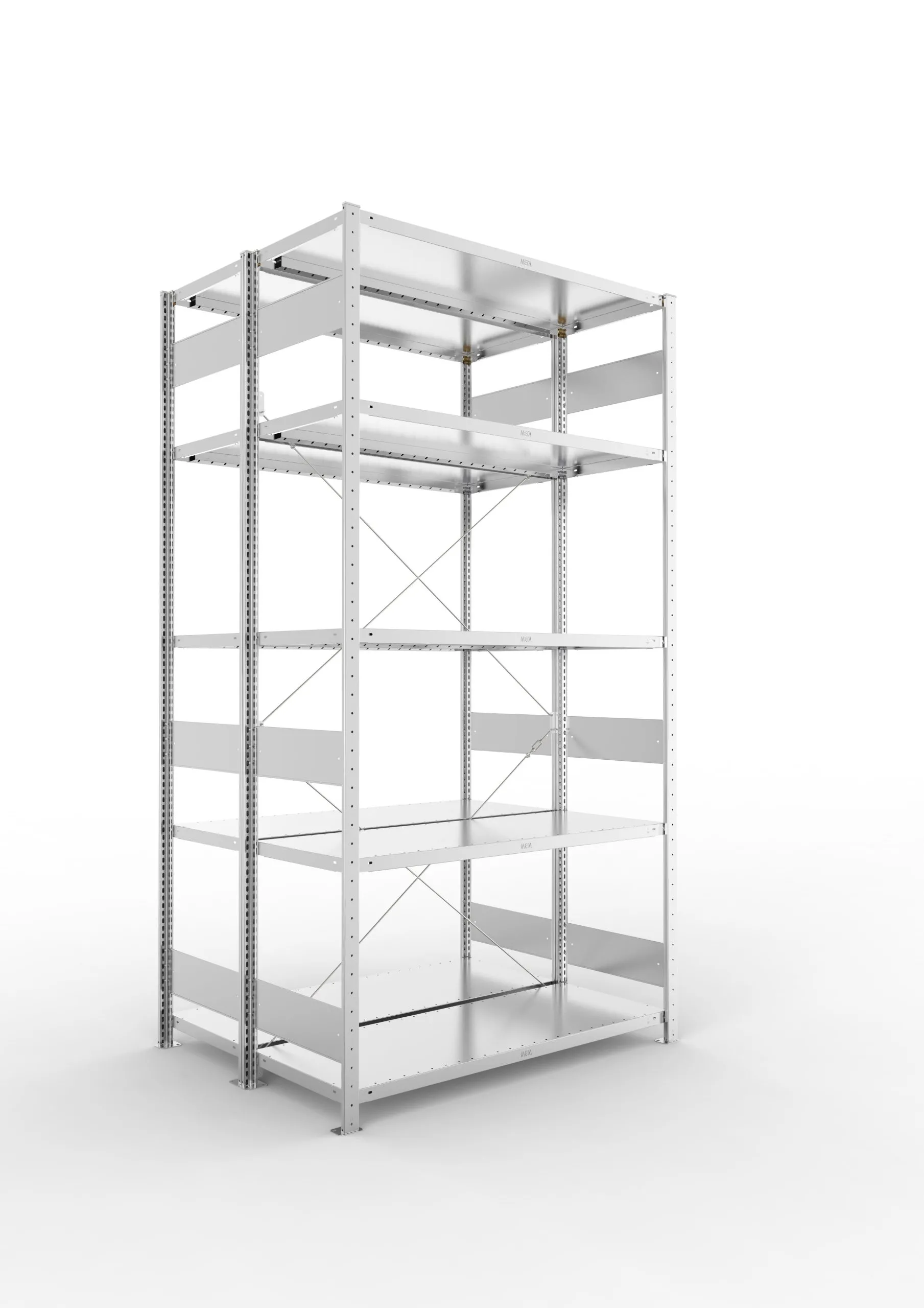 Meta Fachbodenregal Stecksystem S3 CLIP | Grundregal | HxBxT 250x130x100cm | 5 Ebenen | Fachlast 230kg | Doppelseitige Bauart mit Diagonalverstrebung | Verzinkt