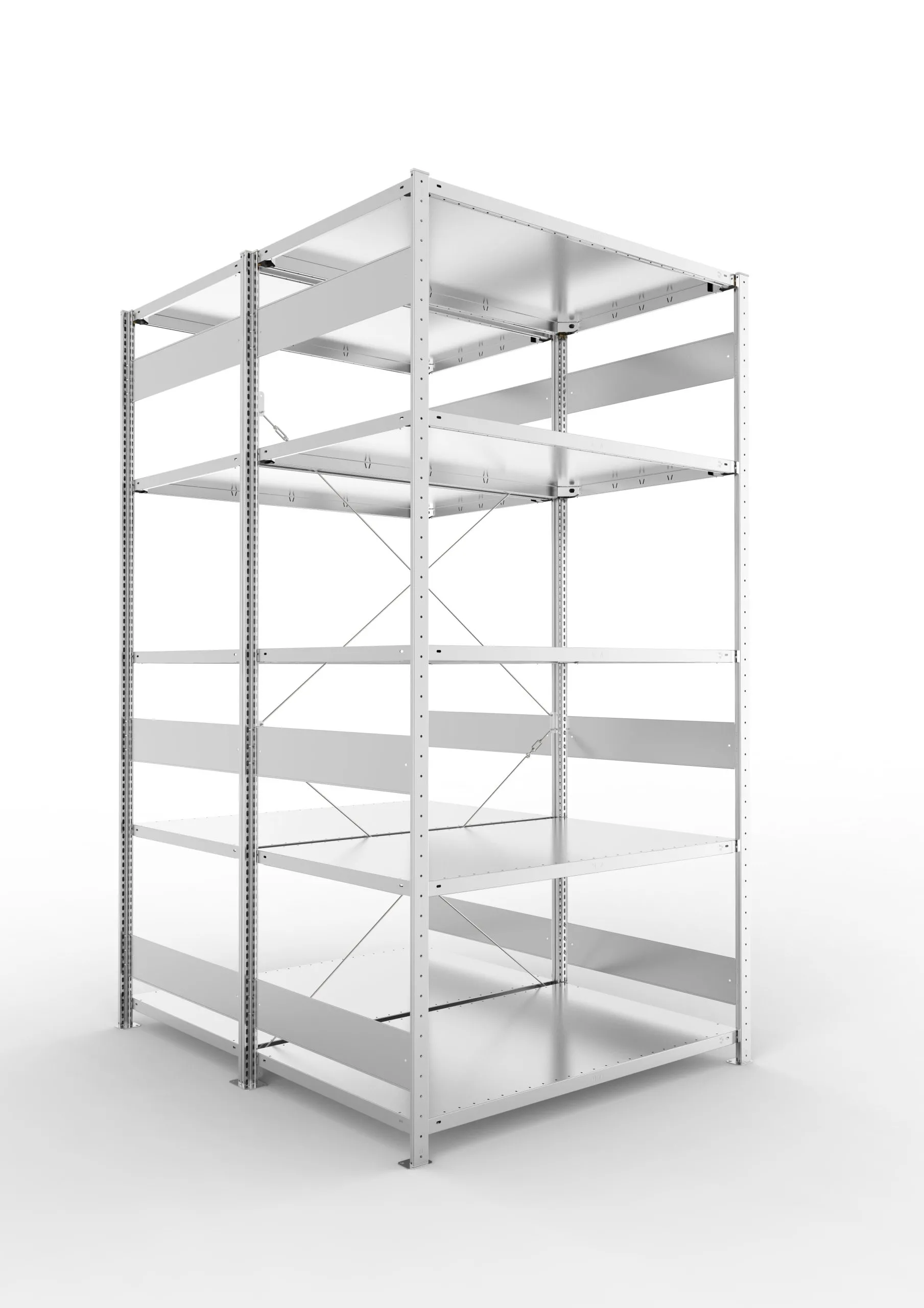 Meta Fachbodenregal Stecksystem S3 CLIP | Grundregal | HxBxT 250x130x160cm | 5 Ebenen | Fachlast 230kg | Doppelseitige Bauart mit Diagonalverstrebung | Verzinkt