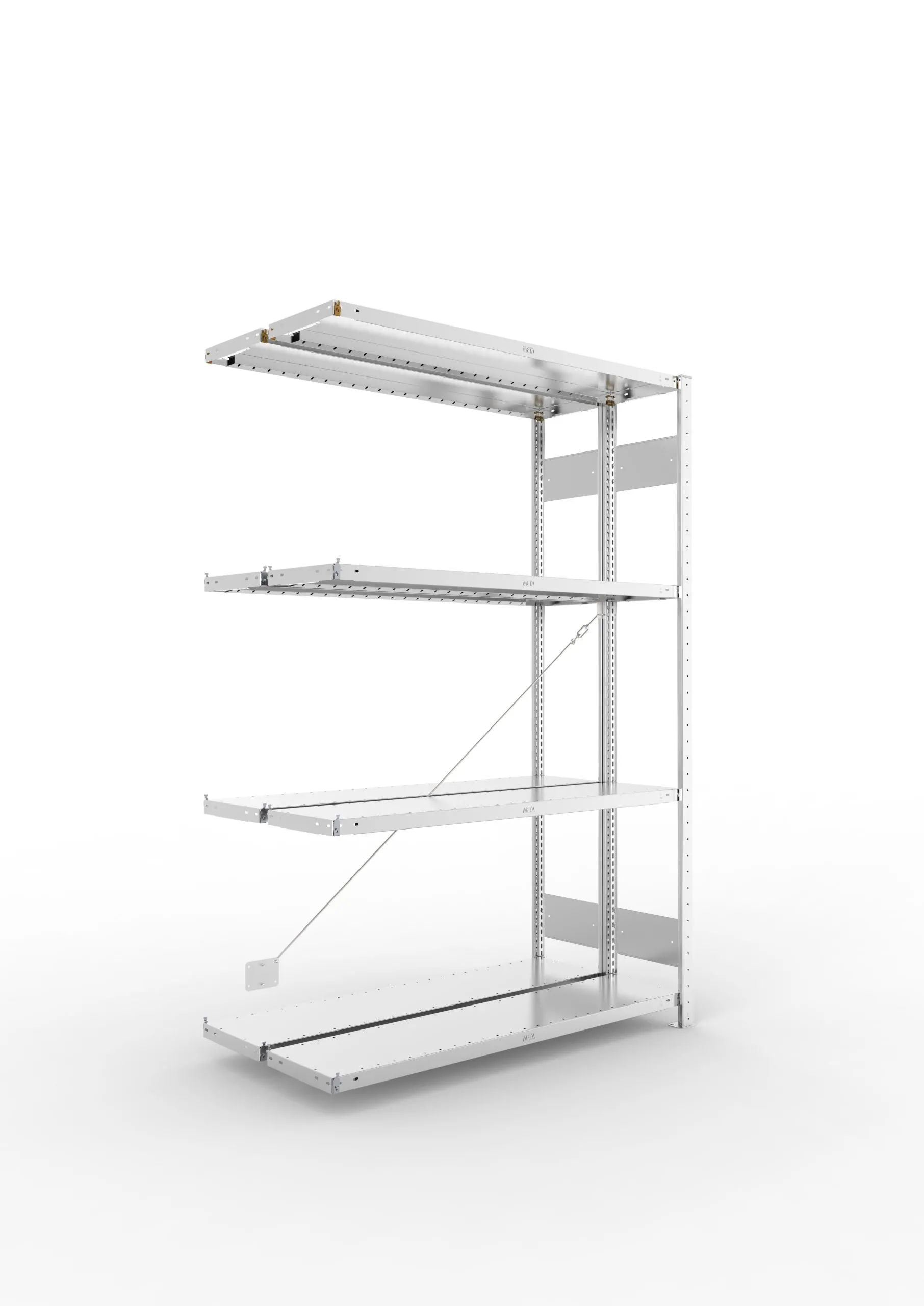 Meta Fachbodenregal Stecksystem S3 CLIP | Anbauregal | HxBxT 200x130x60cm | 4 Ebenen | Fachlast 230kg | Doppelseitige Bauart mit Diagonalverstrebung | Verzinkt
