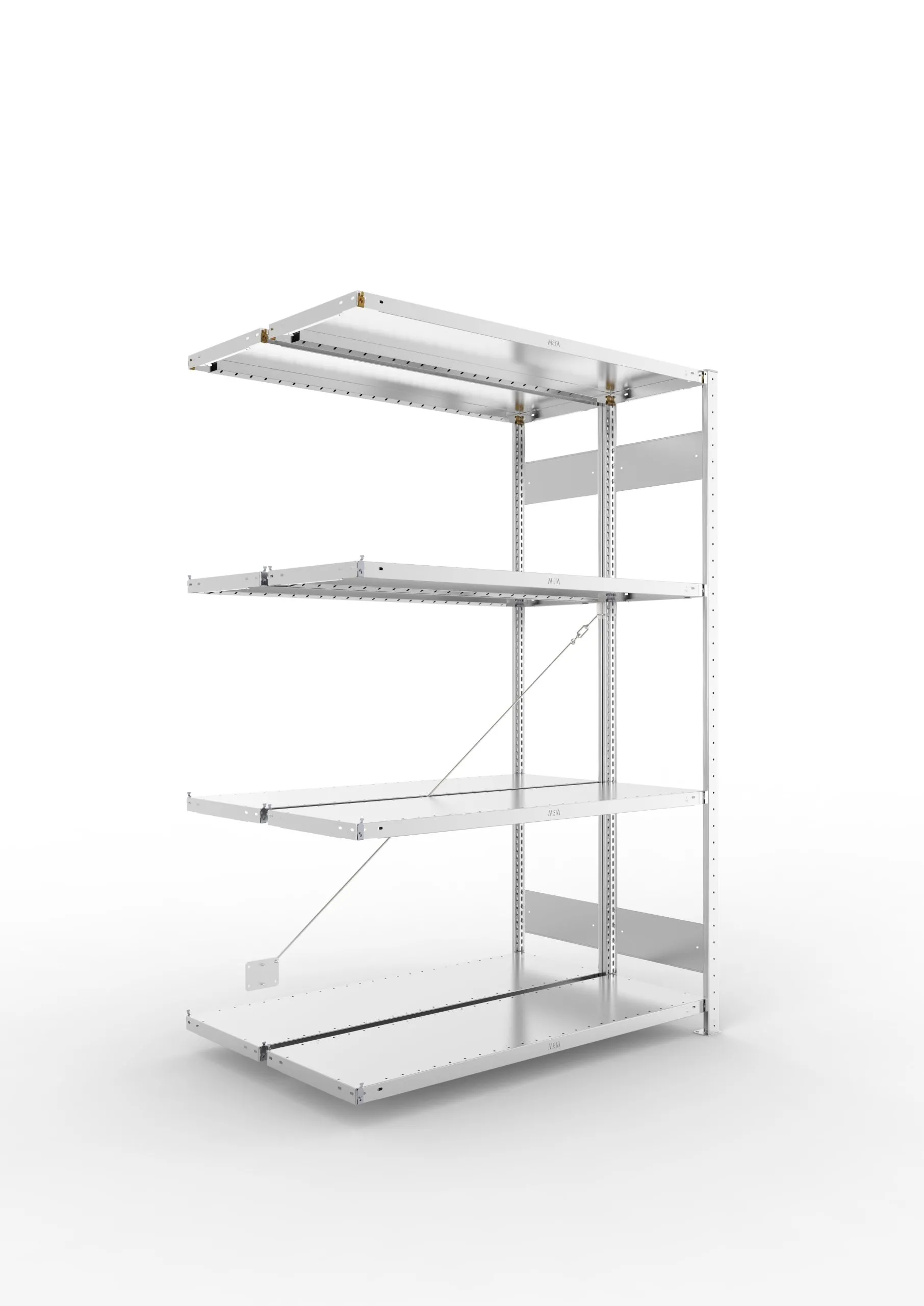 Meta Fachbodenregal Stecksystem S3 CLIP | Anbauregal | HxBxT 200x130x80cm | 4 Ebenen | Fachlast 230kg | Doppelseitige Bauart mit Diagonalverstrebung | Verzinkt