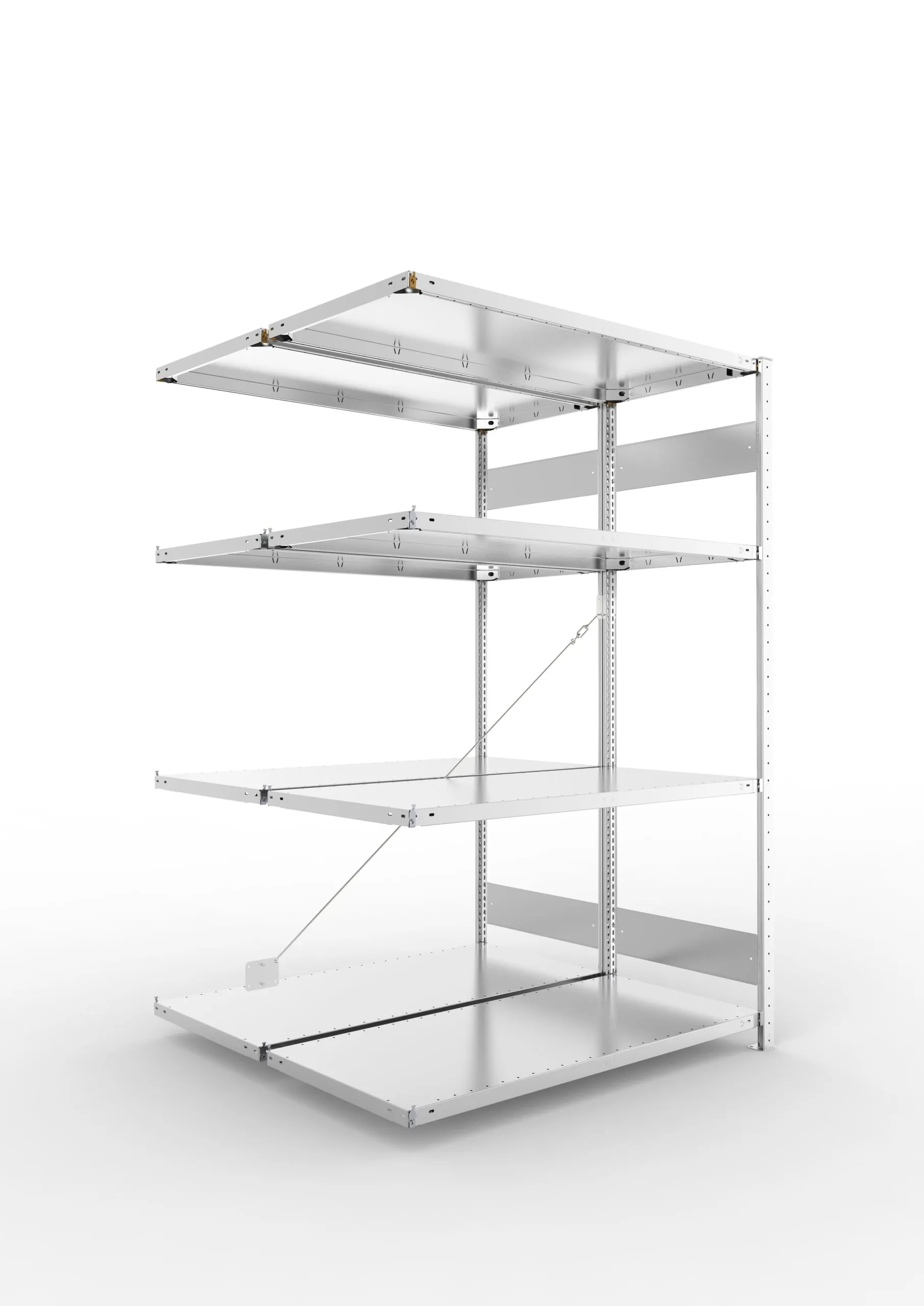 Meta Fachbodenregal Stecksystem S3 CLIP | Anbauregal | HxBxT 200x130x120cm | 4 Ebenen | Fachlast 230kg | Doppelseitige Bauart mit Diagonalverstrebung | Verzinkt