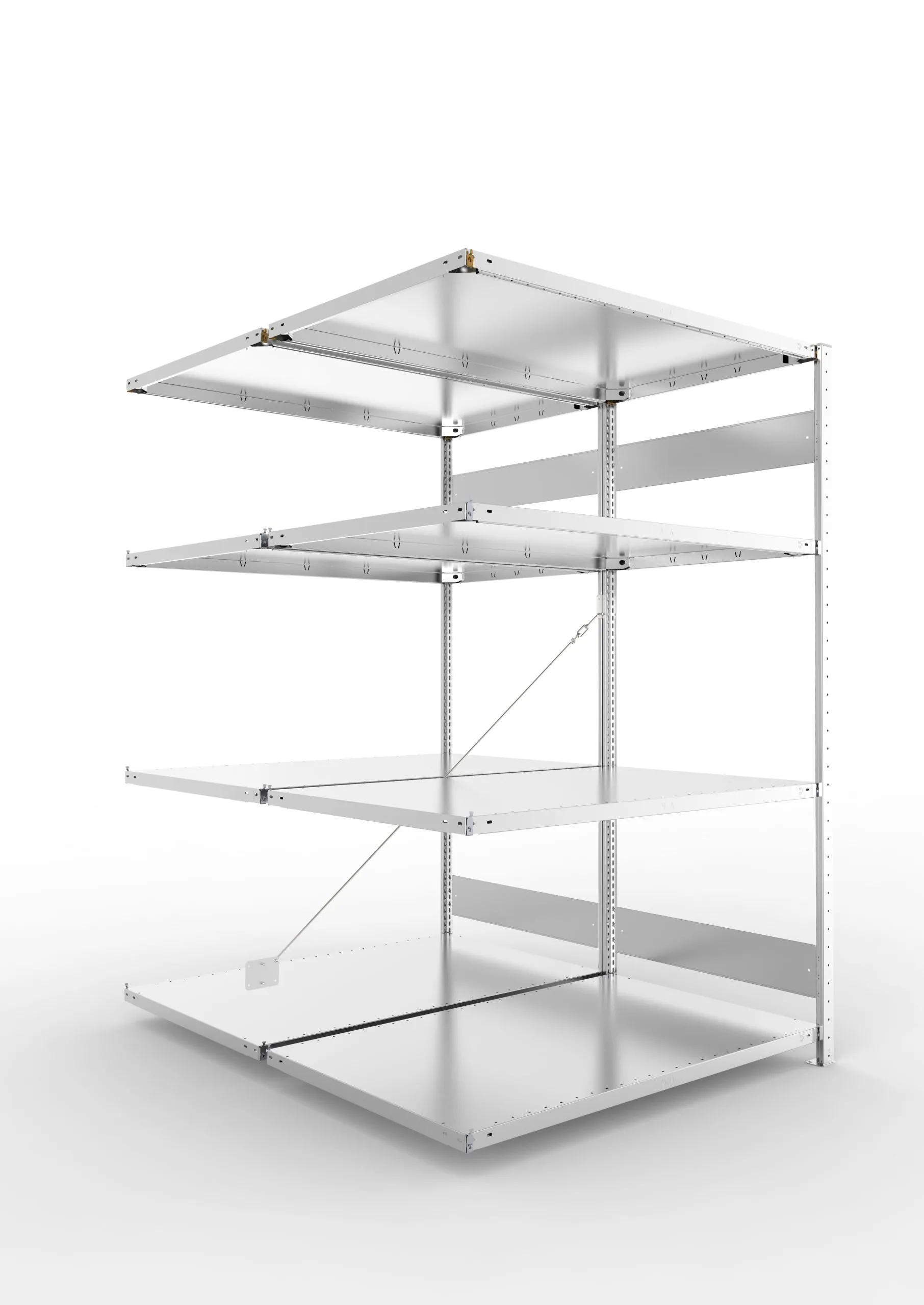 Meta Fachbodenregal Stecksystem S3 CLIP | Anbauregal | HxBxT 200x130x160cm | 4 Ebenen | Fachlast 230kg | Doppelseitige Bauart mit Diagonalverstrebung | Verzinkt
