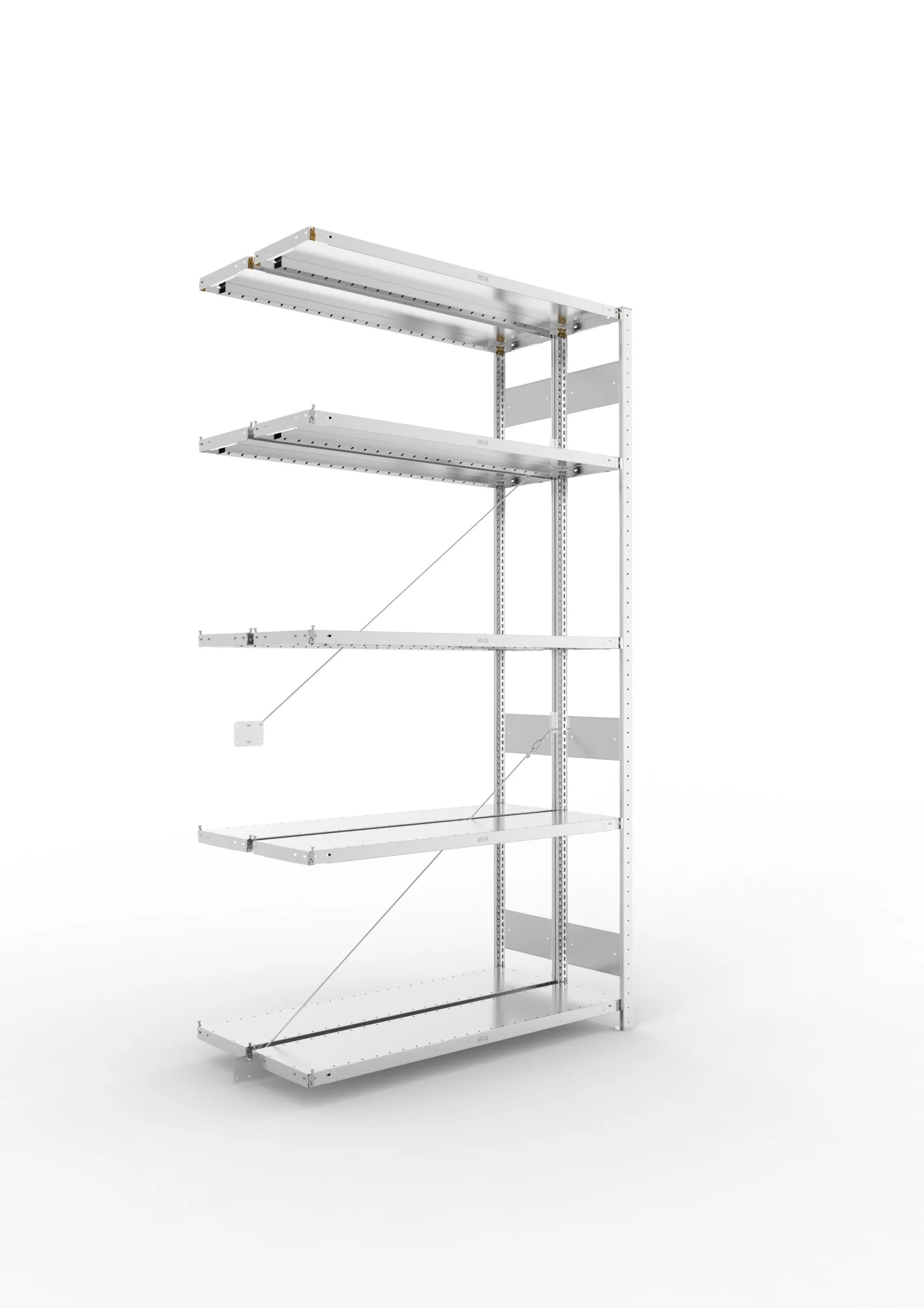 Meta Fachbodenregal Stecksystem S3 CLIP | Anbauregal | HxBxT 250x130x60cm | 5 Ebenen | Fachlast 230kg | Doppelseitige Bauart mit Diagonalverstrebung | Verzinkt