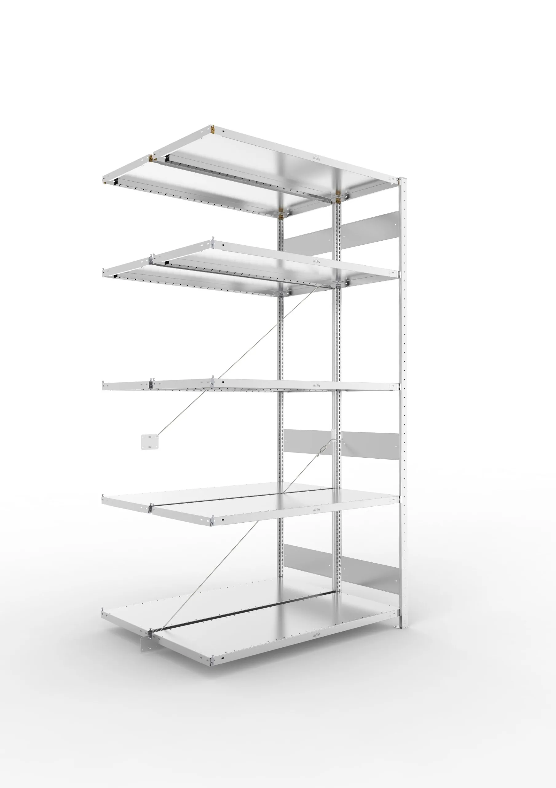 Meta Fachbodenregal Stecksystem S3 CLIP | Anbauregal | HxBxT 250x130x100cm | 5 Ebenen | Fachlast 230kg | Doppelseitige Bauart mit Diagonalverstrebung | Verzinkt