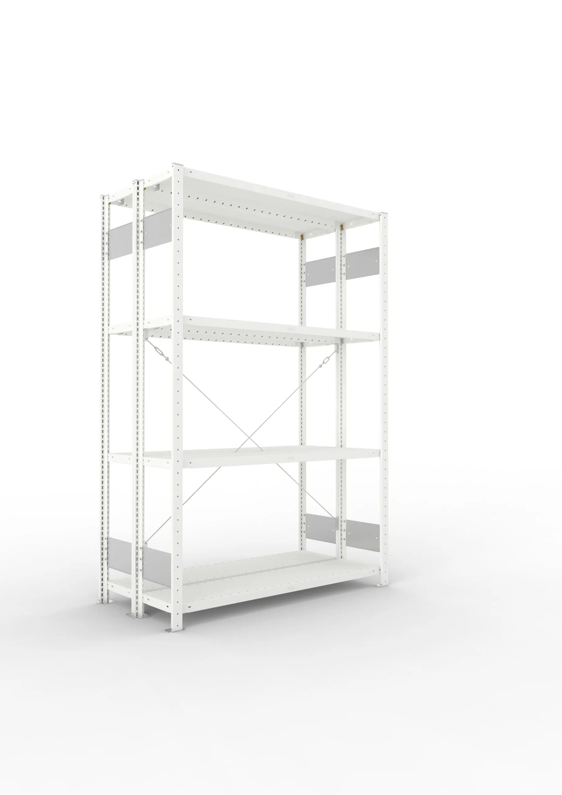 Meta Fachbodenregal Stecksystem S3 CLIP | Grundregal | HxBxT 200x130x60cm | 4 Ebenen | Fachlast 230kg | Doppelseitige Bauart mit Diagonalverstrebung | Lichtgrau