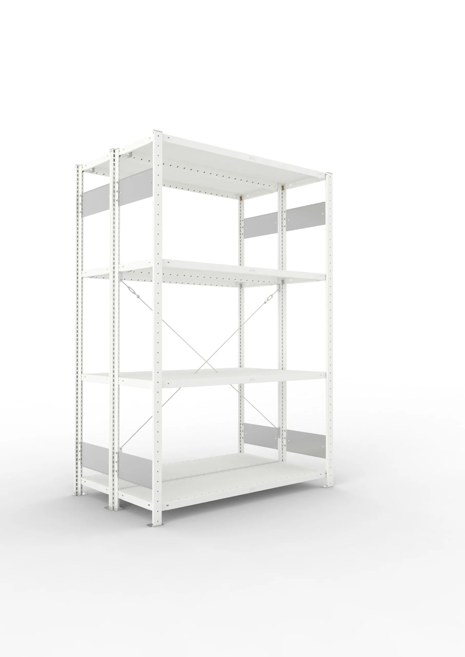 Meta Fachbodenregal Stecksystem S3 CLIP | Grundregal | HxBxT 200x130x80cm | 4 Ebenen | Fachlast 230kg | Doppelseitige Bauart mit Diagonalverstrebung | Lichtgrau