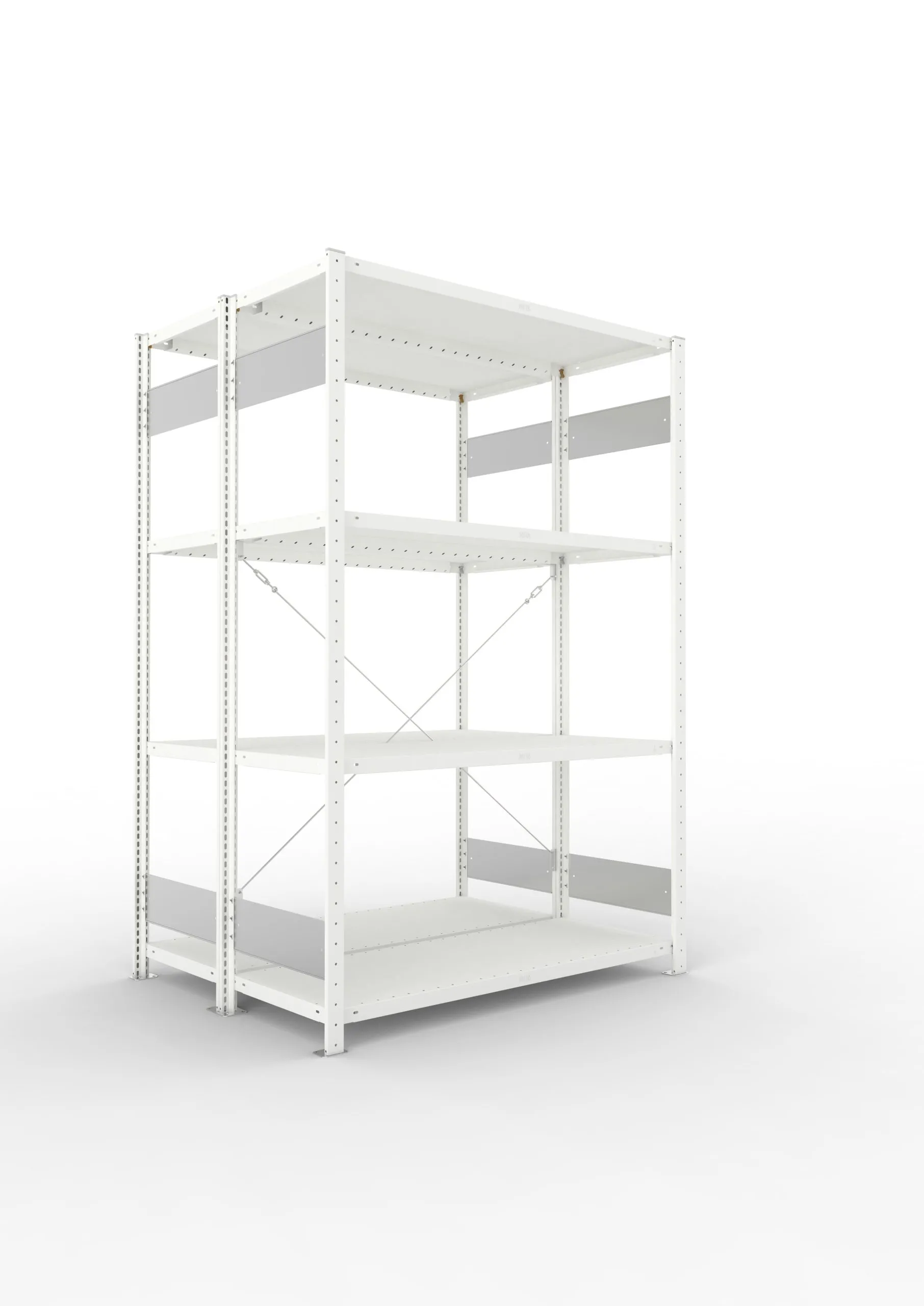 Meta Fachbodenregal Stecksystem S3 CLIP | Grundregal | HxBxT 200x130x100cm | 4 Ebenen | Fachlast 230kg | Doppelseitige Bauart mit Diagonalverstrebung | Lichtgrau