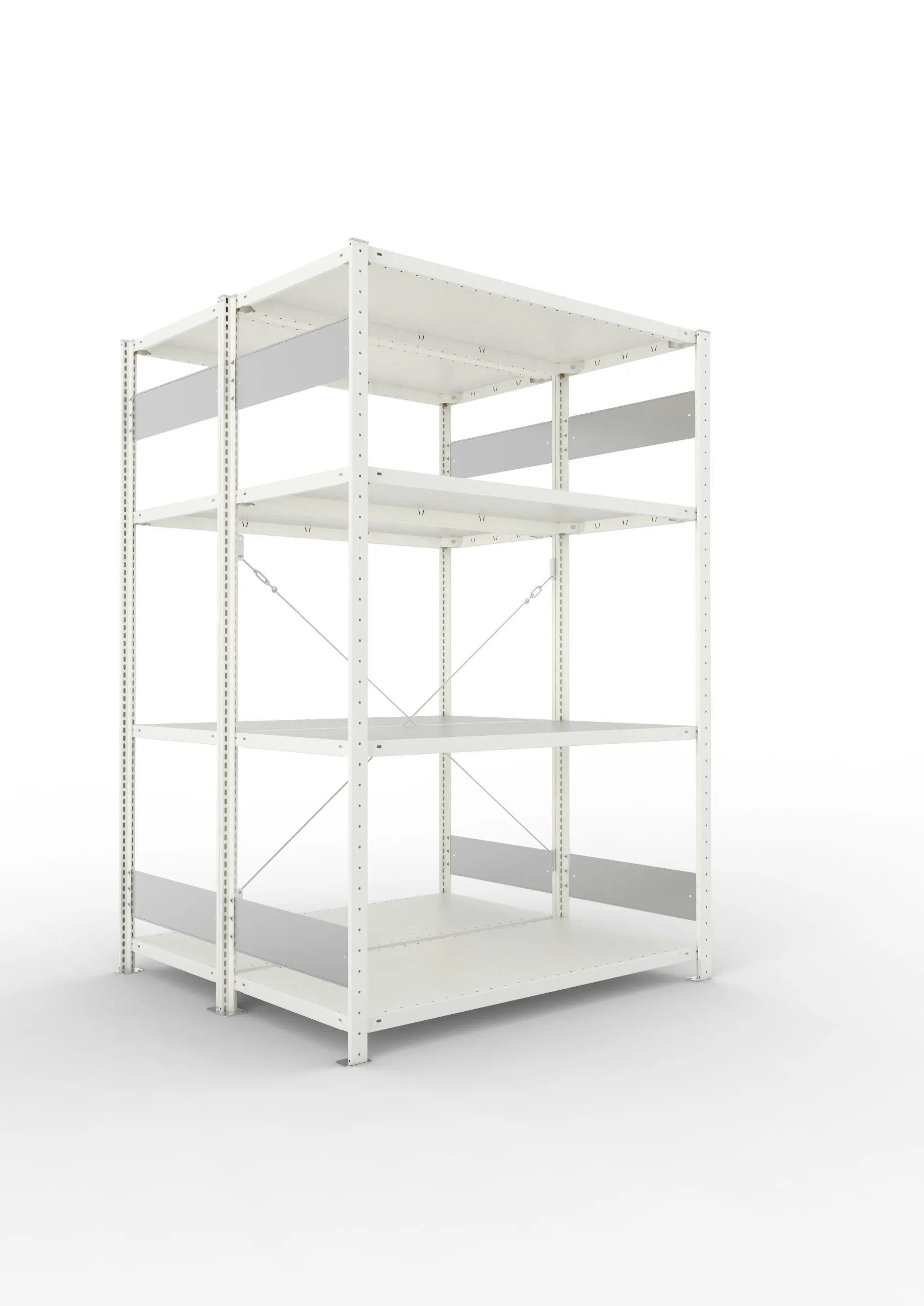 Meta Fachbodenregal Stecksystem S3 CLIP | Grundregal | HxBxT 200x130x120cm | 4 Ebenen | Fachlast 230kg | Doppelseitige Bauart mit Diagonalverstrebung | Lichtgrau