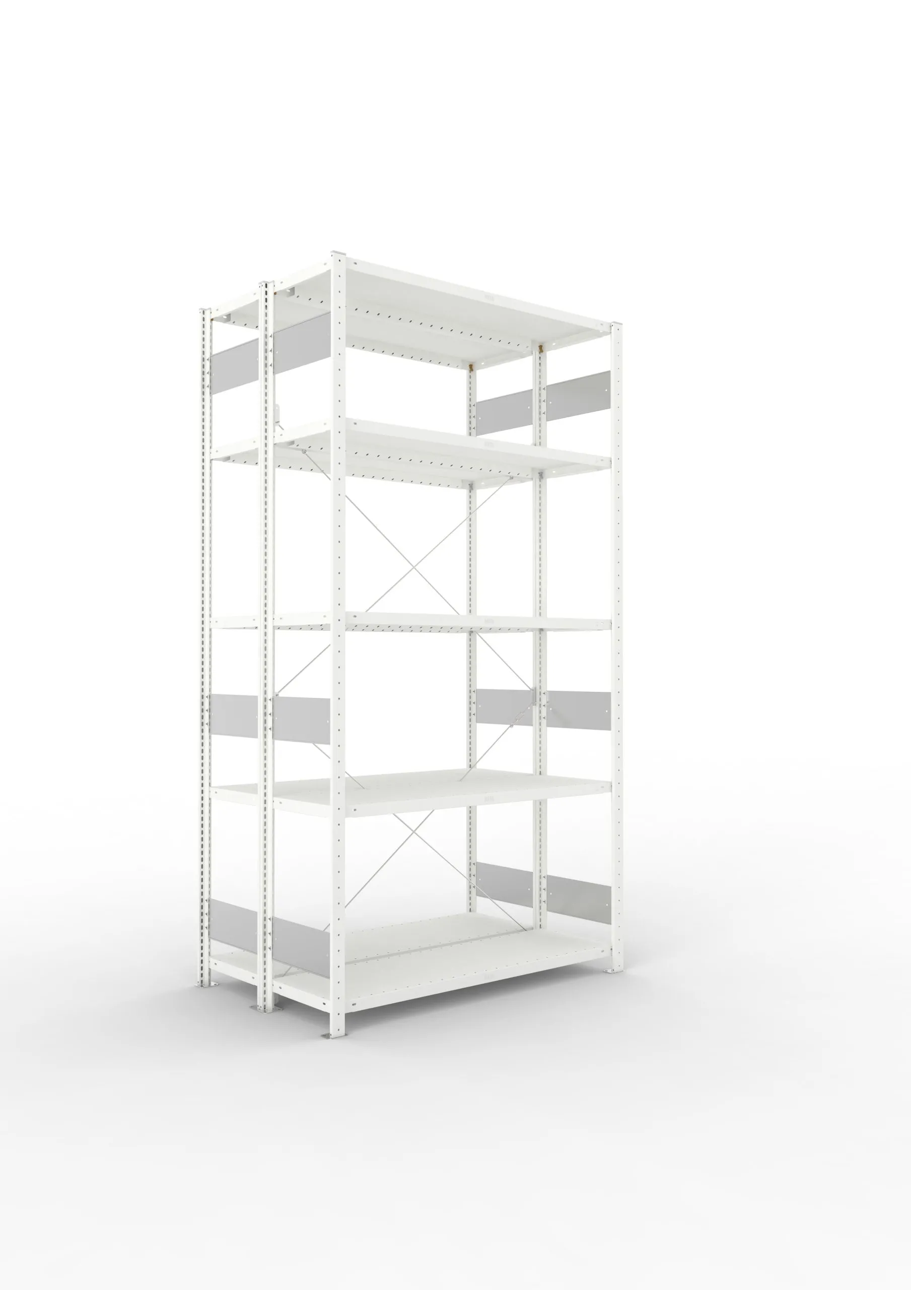 Meta Fachbodenregal Stecksystem S3 CLIP | Grundregal | HxBxT 250x130x80cm | 5 Ebenen | Fachlast 230kg | Doppelseitige Bauart mit Diagonalverstrebung | Lichtgrau