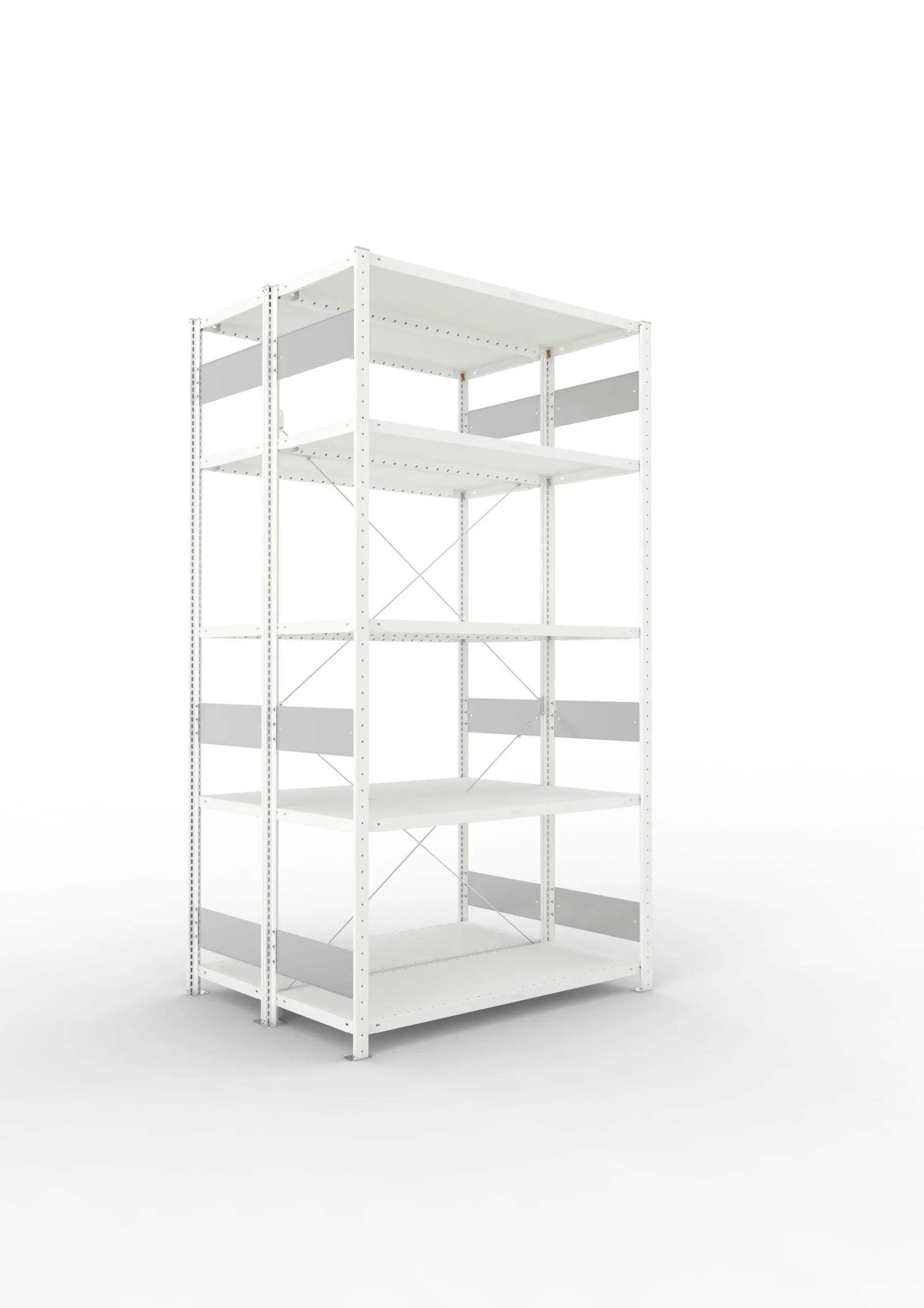 Meta Fachbodenregal Stecksystem S3 CLIP | Grundregal | HxBxT 250x130x100cm | 5 Ebenen | Fachlast 230kg | Doppelseitige Bauart mit Diagonalverstrebung | Lichtgrau